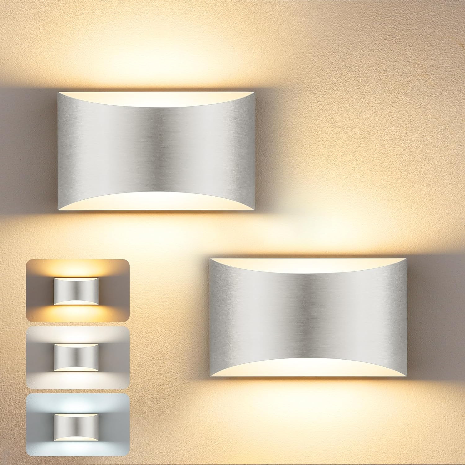 LED Wall Sconce Set of 2, Brushed Nickel Indoor Wall Lights 3CCT | 3000K/4000K/6