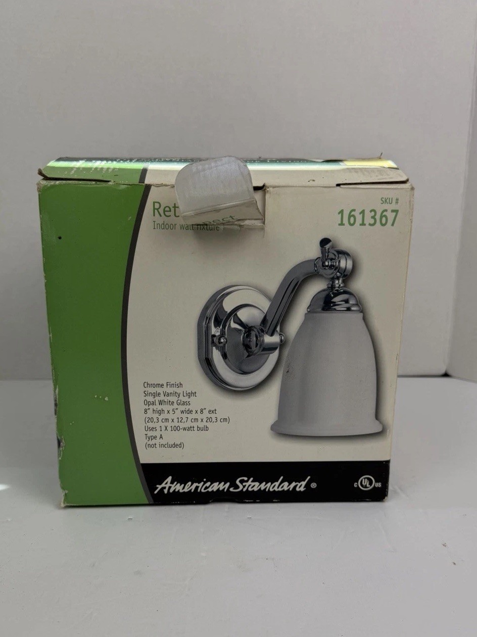 American Standard Wall Vanity Sconce Light Chrome White Glass New In Box