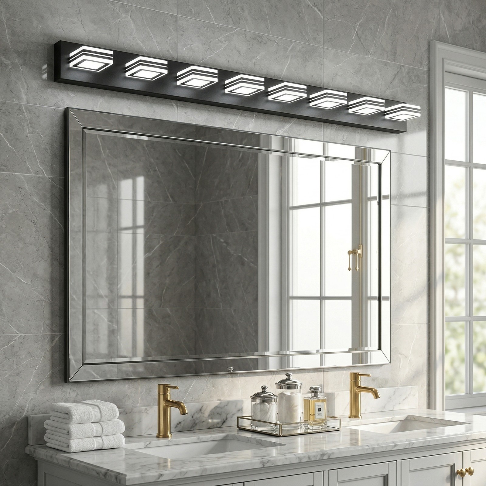 52 Inch 8-Light LED Vanity Light Dimmable Black Bathroom Mirror Wall Light