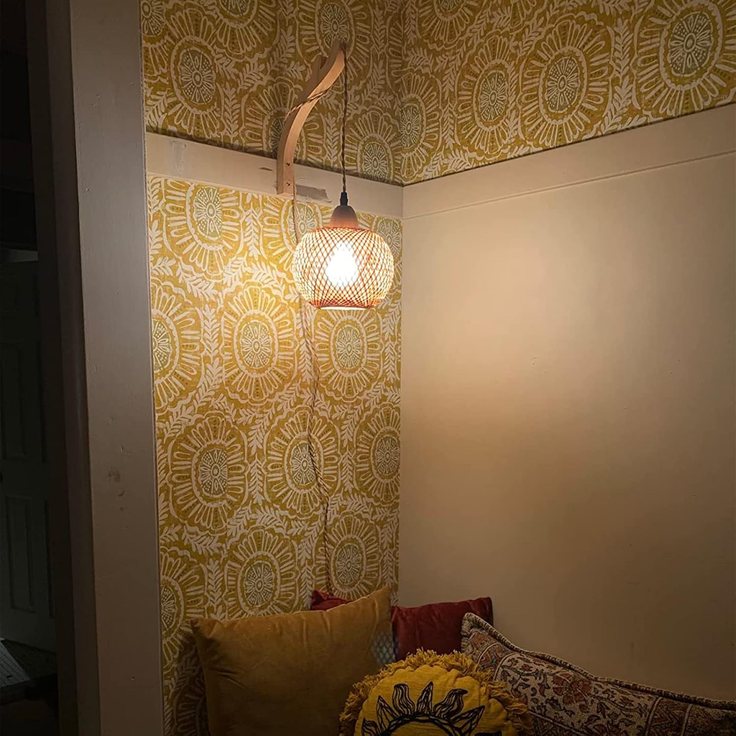 Bamboo Lantern Plug In Wall Sconce Wicker Hanging Lamp Corded Hang Light