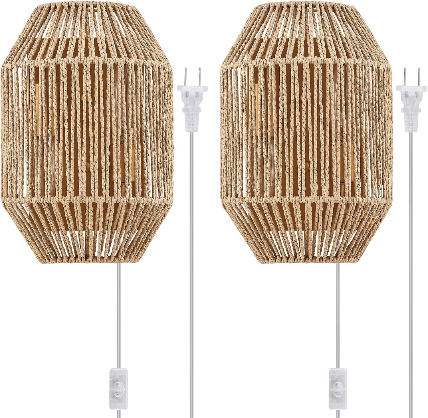 Natural Rattan Wall Sconce Set of 2, with Boho Woven Wicker Shade Antique Bra…
