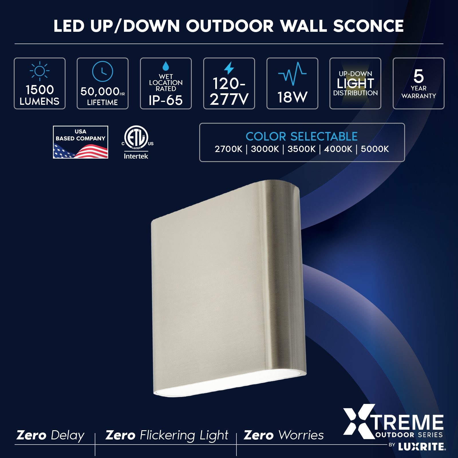 Luxrite 5″ LED Up and Down Wall Light, 5CCT, IP65, Brushed Nickel, 18W, 1500LM