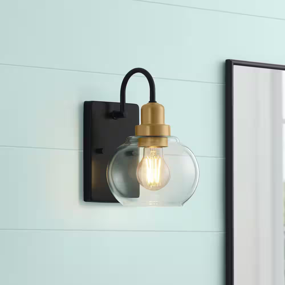 Home Decorators Halyn 4.5in 1-Light Black Industrial Wall Sconce Vintage Brass