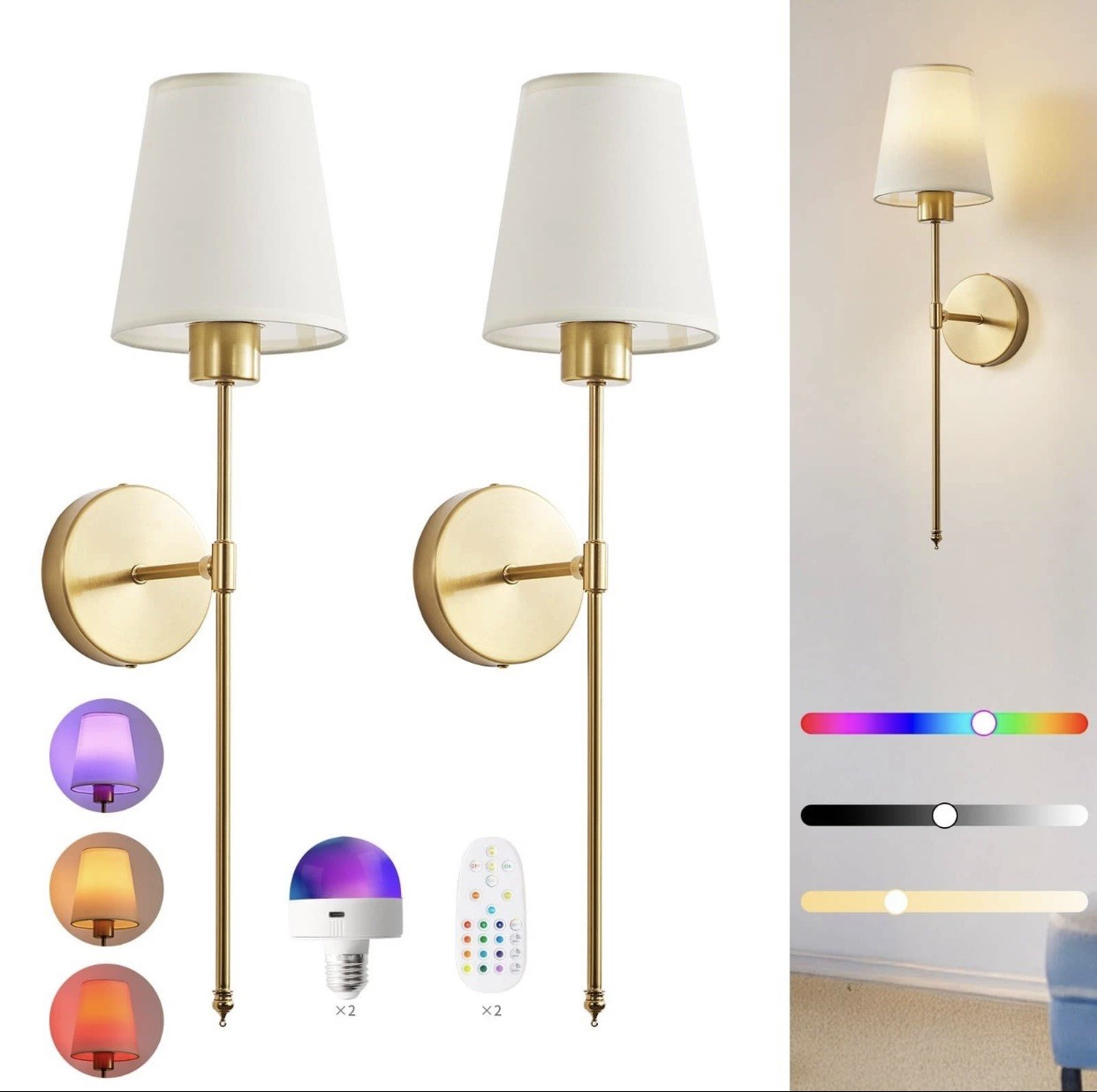 2 Pack Rechargeable RGB Wall Sconces Battery Powered Wireless LED Lights Remote