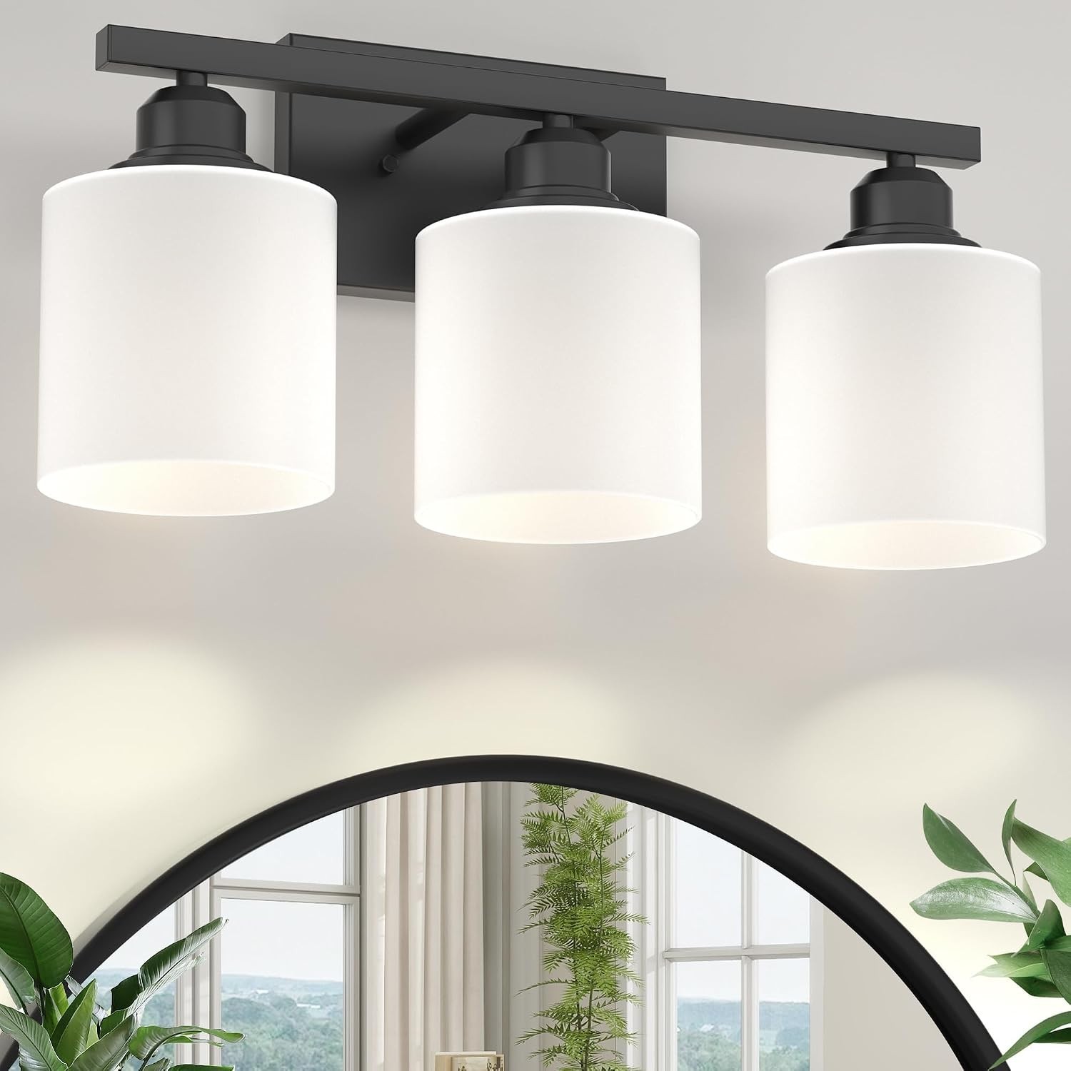 Sailstar Matte Black 3-Light Modern Simple Frosted Milk Glass Shades Bath Vanity
