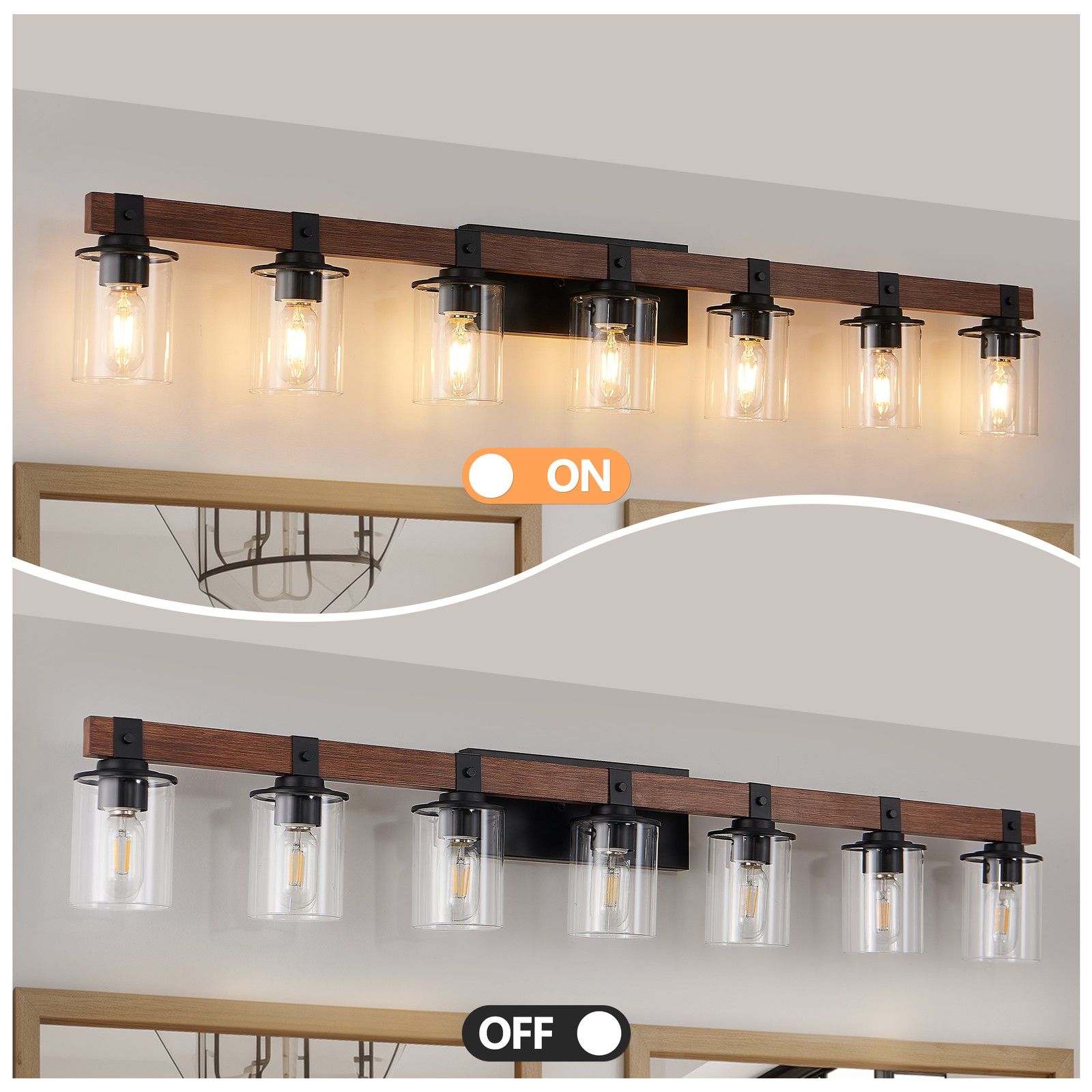 Vanity Light 7 Lights 50» Farmhouse Wood Black for Bathroom Mirror Wall Fixture