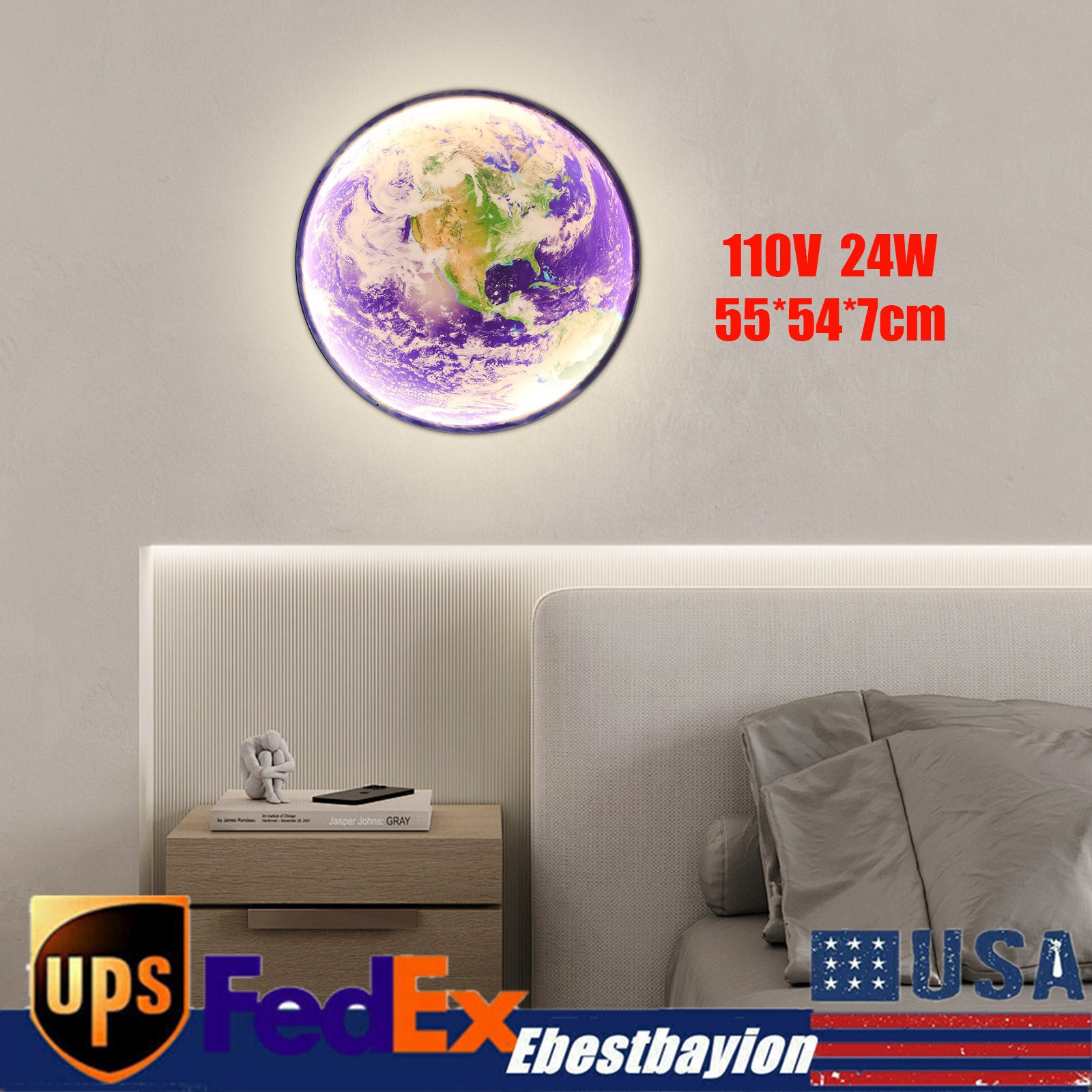 Led Earth Wall Lamp Light Round Fixture Wall Sconce Modern Bedroom Home Decor US