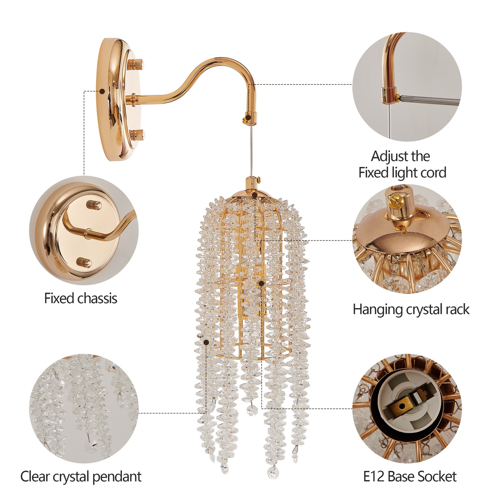 Modern Gold 2 Pack indoor LED Wall Sconce Light Crystal Lamp for Bedroom Fixture