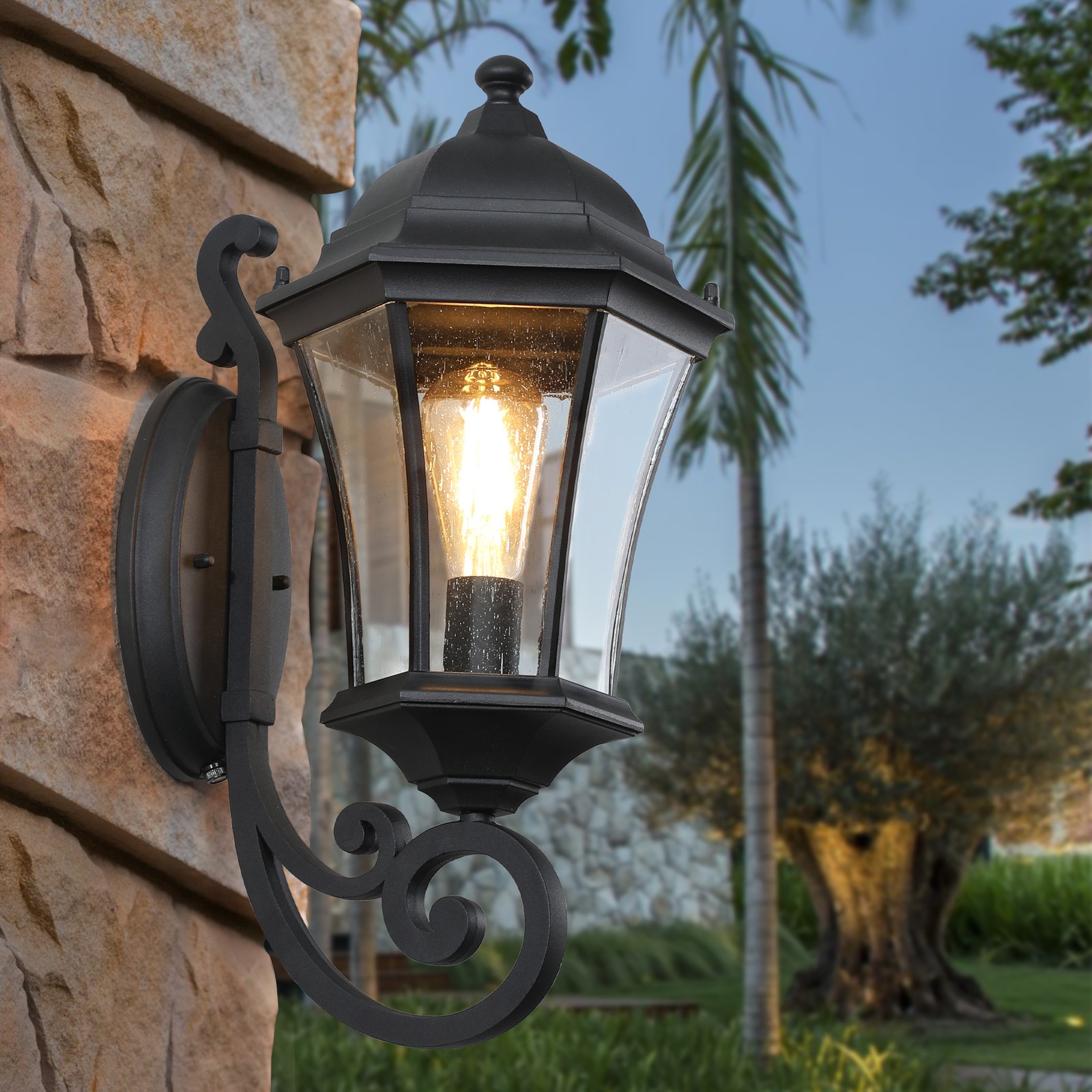2 Pack 20″ Outdoor Wall Sconce Light Sensor Black Lantern Fixture Dusk to Dawn