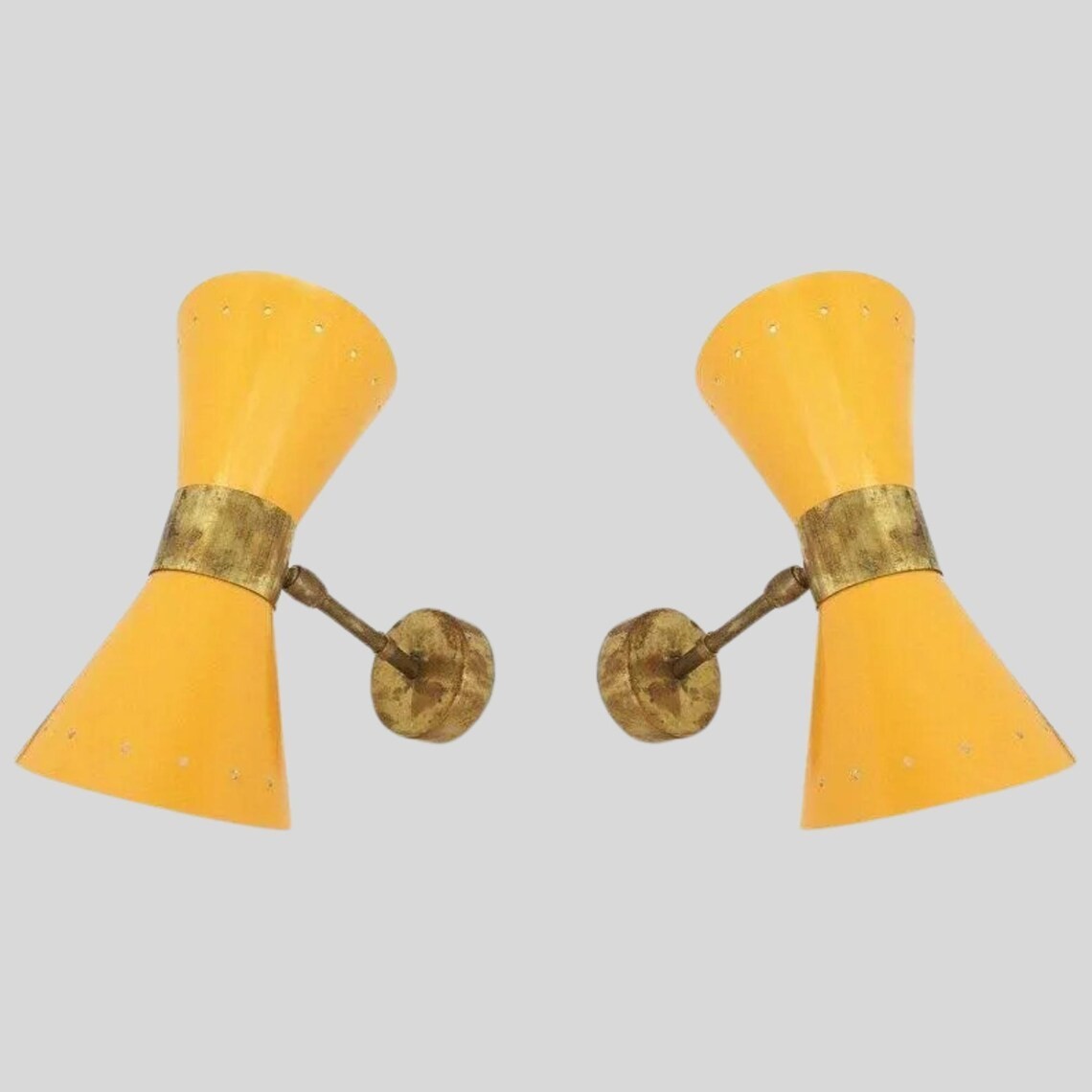 Mid Century Yellow Cone Wall Sconces Brass Pair Diablo Lamp