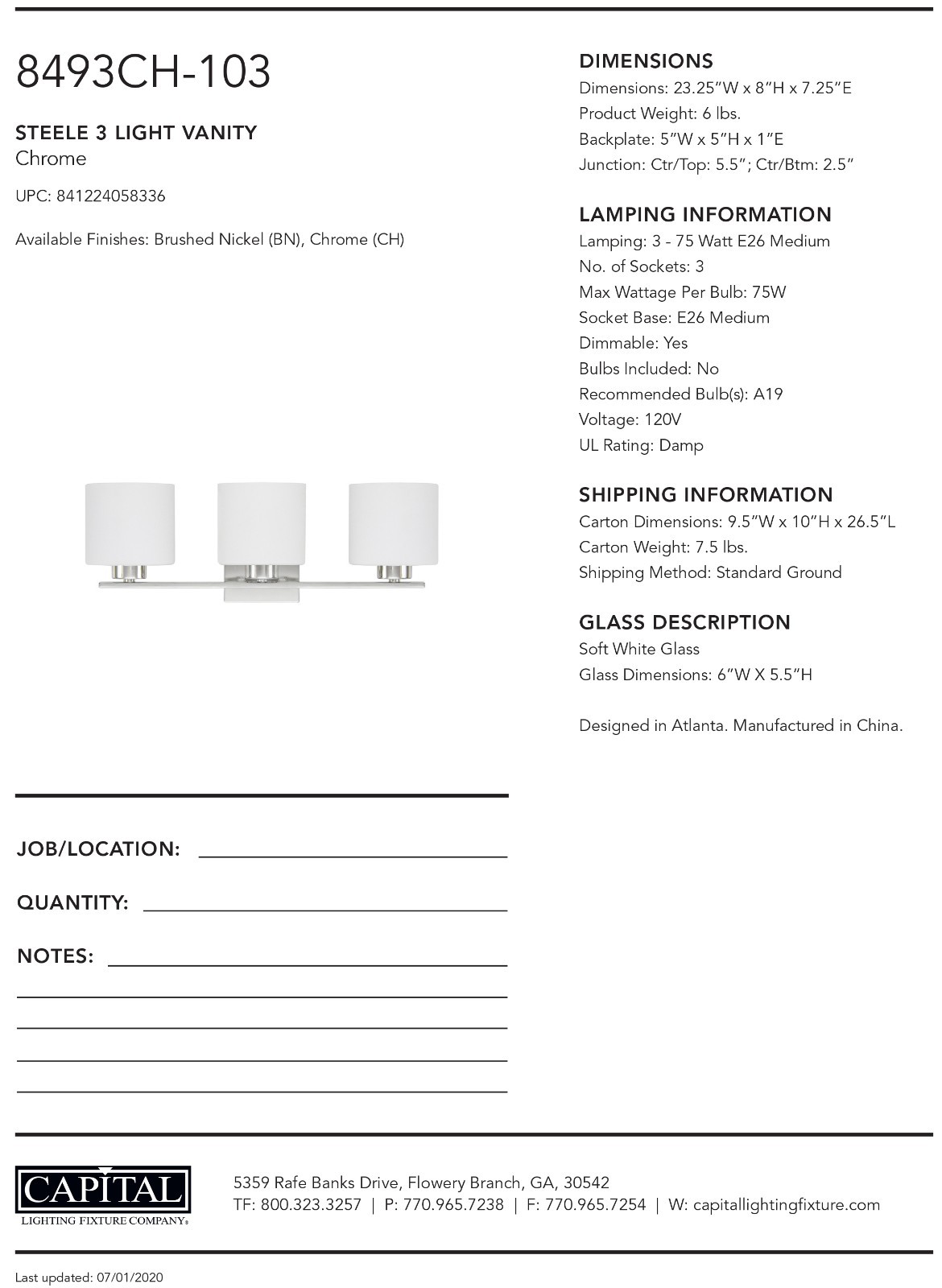 Steele 3 Light Vanity 3-75.00W E26 Medium 23.25 X 8.00 X 7.25 Chrome