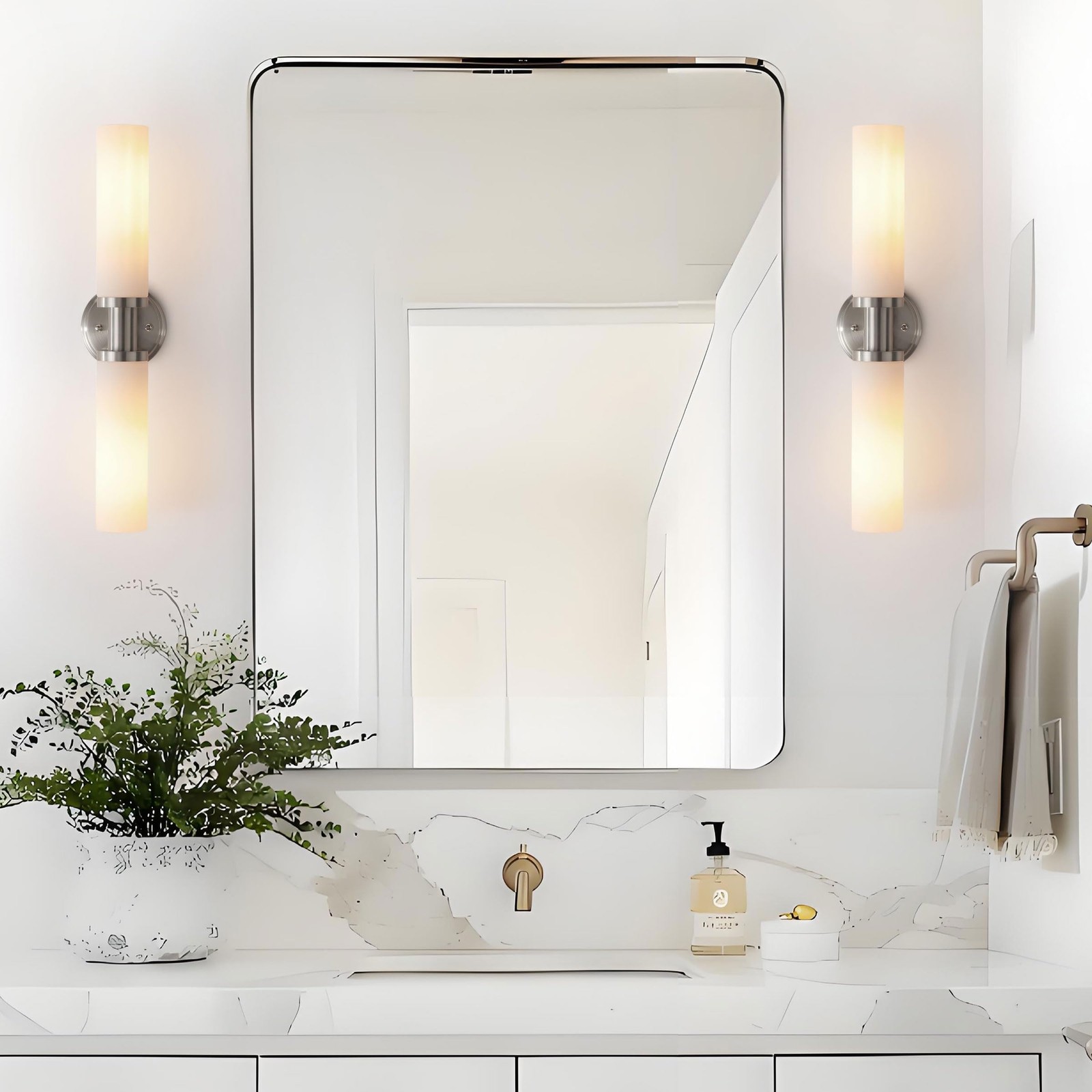 Wall Sconces Set of Two,Brushed Nickel Bathroom Sconces Wall Lighting with White
