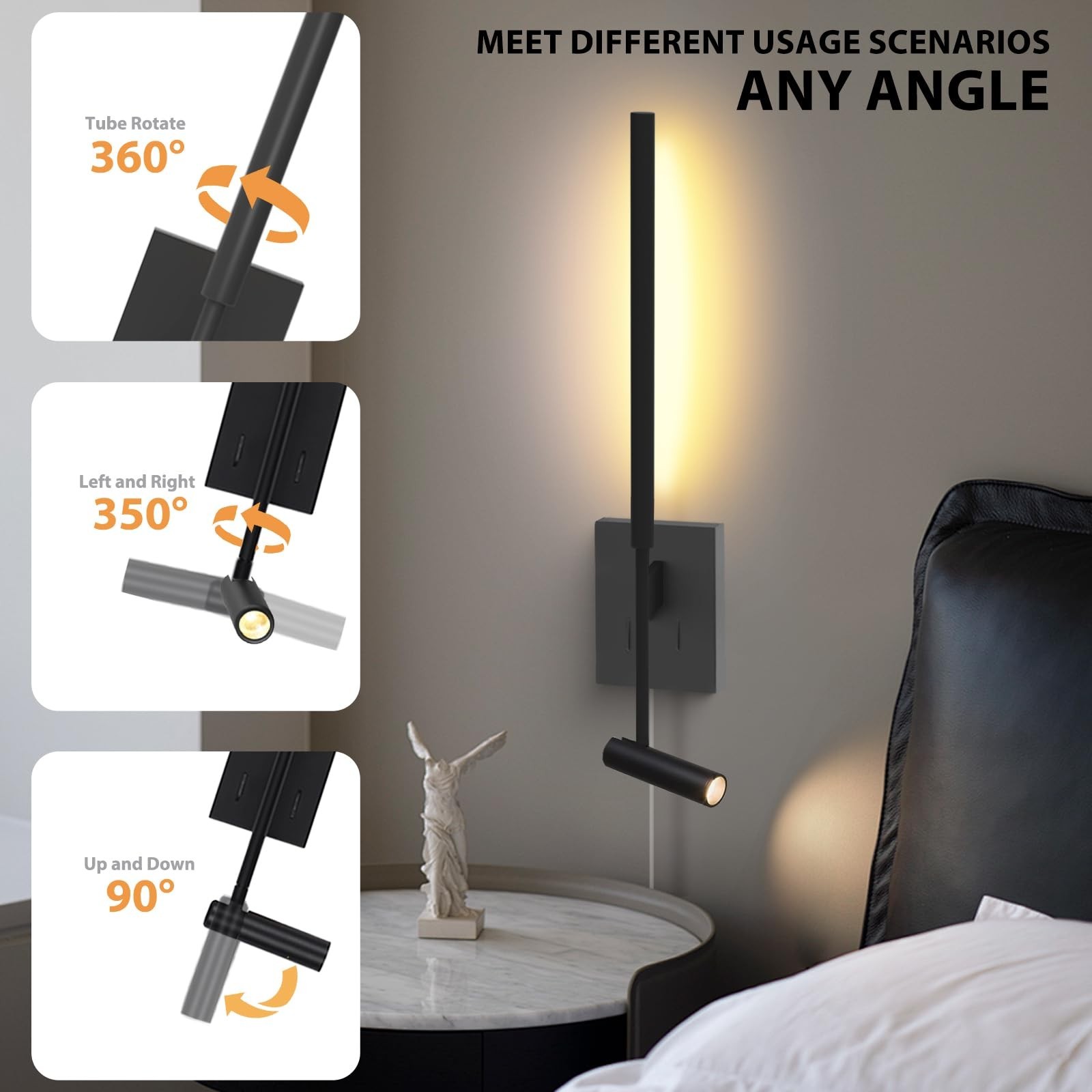 ZEROUNO Modern Plug In Wall Sconce Indoor Wall Light Set Two Bed, Corded