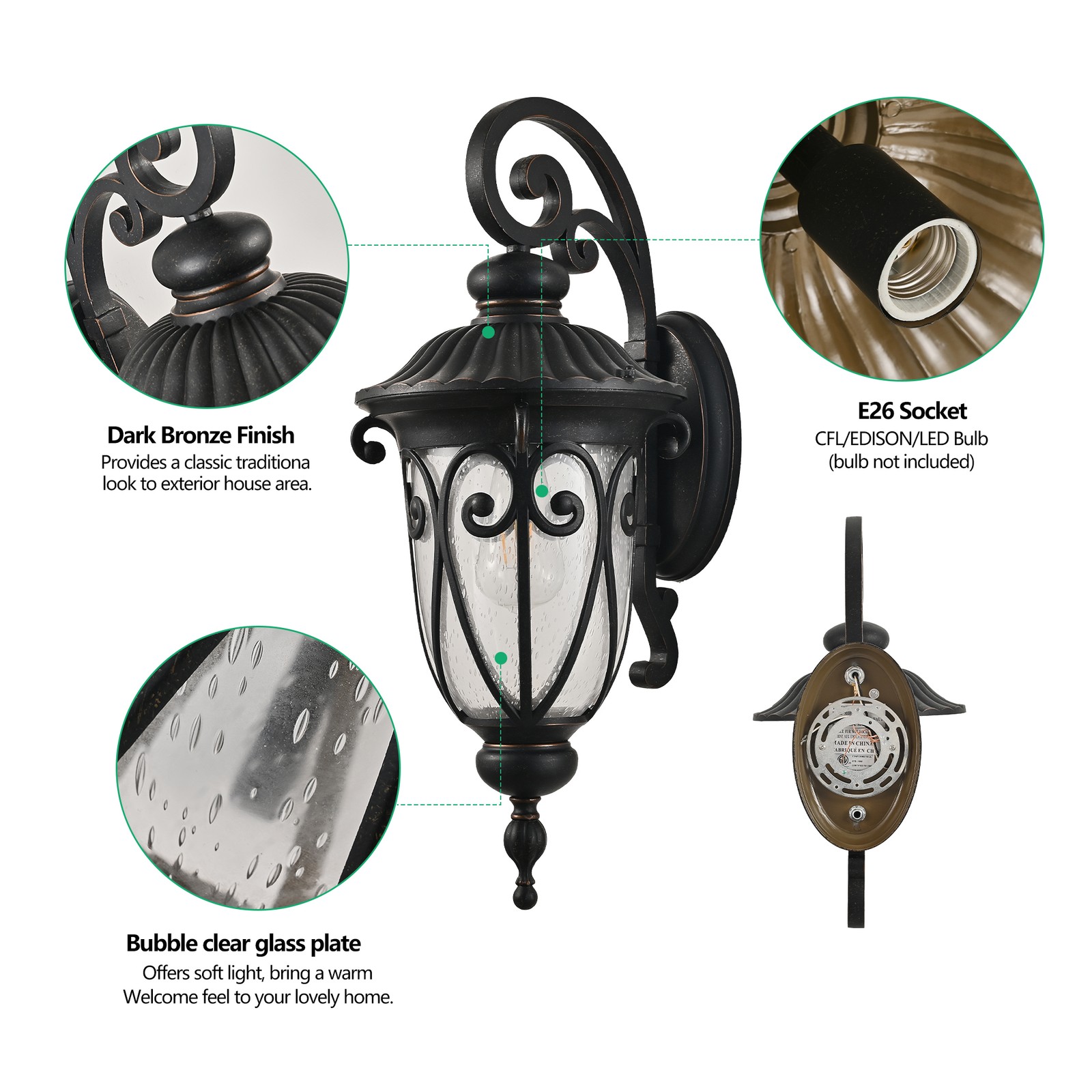 23″ Antique Bronze Outdoor Porch Wall Light Bubble Glass Vintage Sconce Fixture