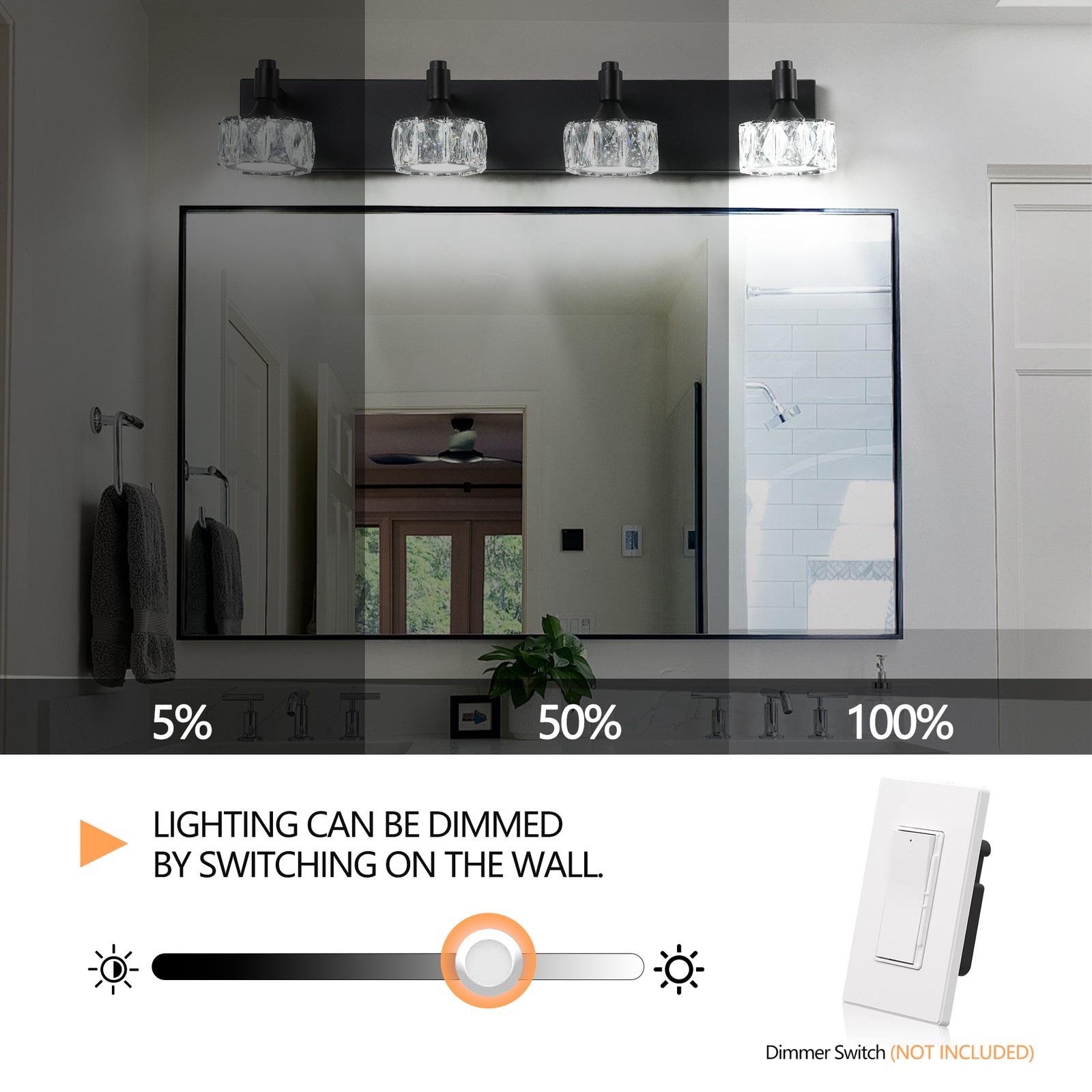 Black 28» Vanity 4 Light Crystal for Bathroom Mirror Wall Lamp Dimmable Fixture