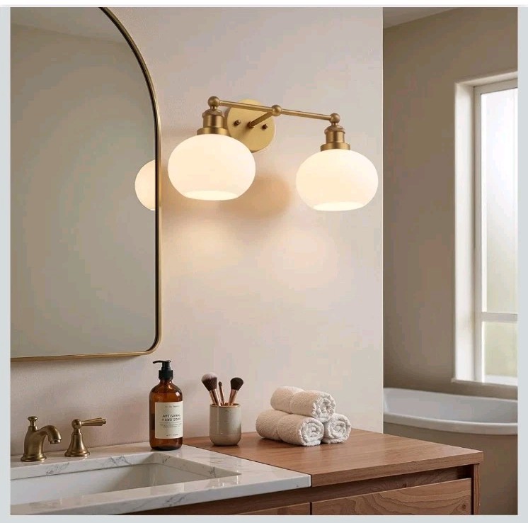 Antique Brass 2 Light Vintage Hardwired Round Milk Glass Wall Sconce Modern