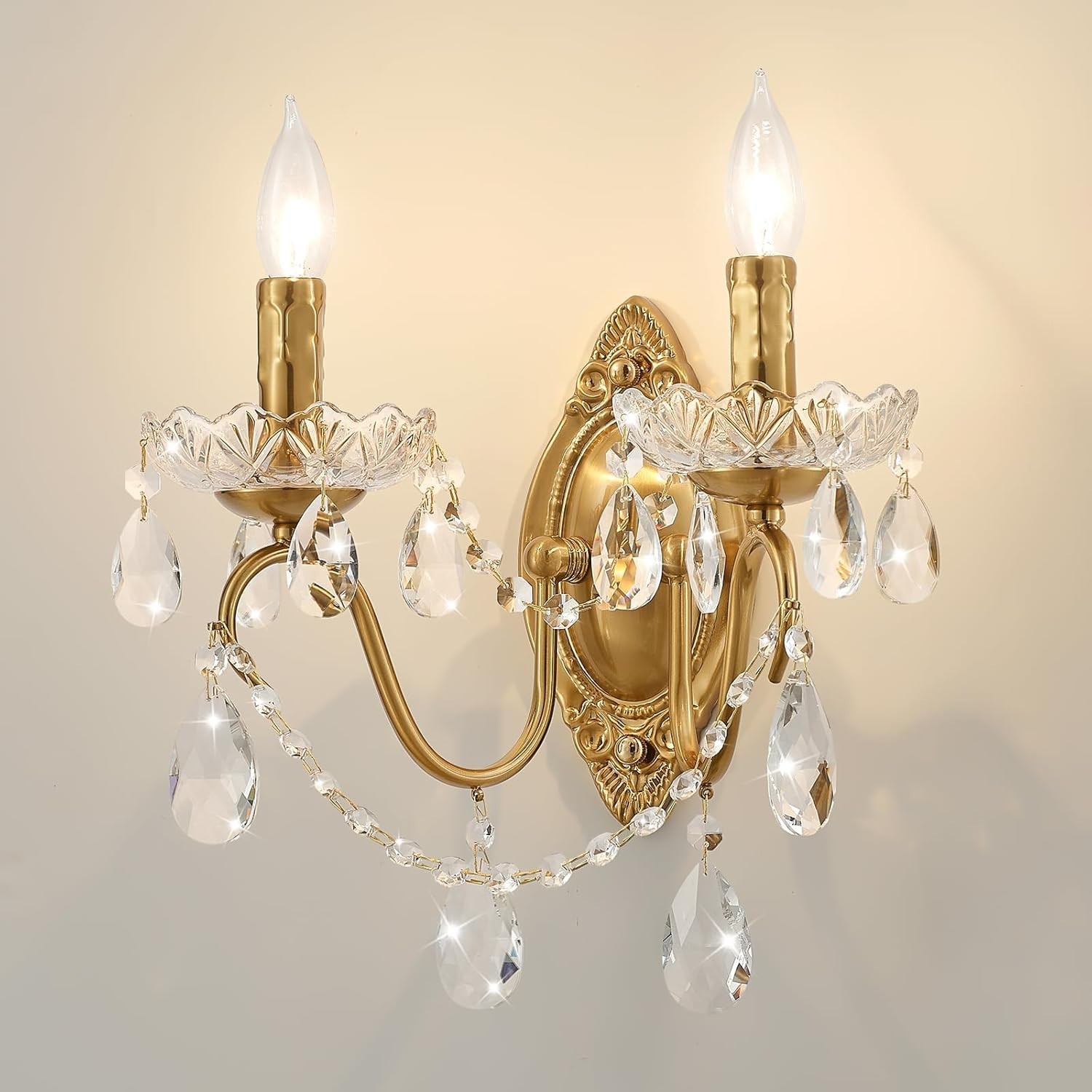 PAIR Ondersley Gold Brass Crystal Drops Prisms Bobeches Double Arm Wall Sconces!