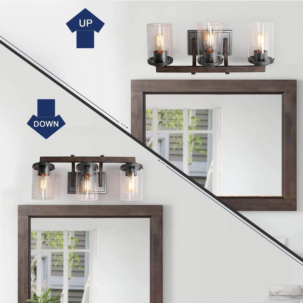LNC A03409 20in 3-Light Farmhouse Vanity Light Rust Black Faux Wood Clear Glass