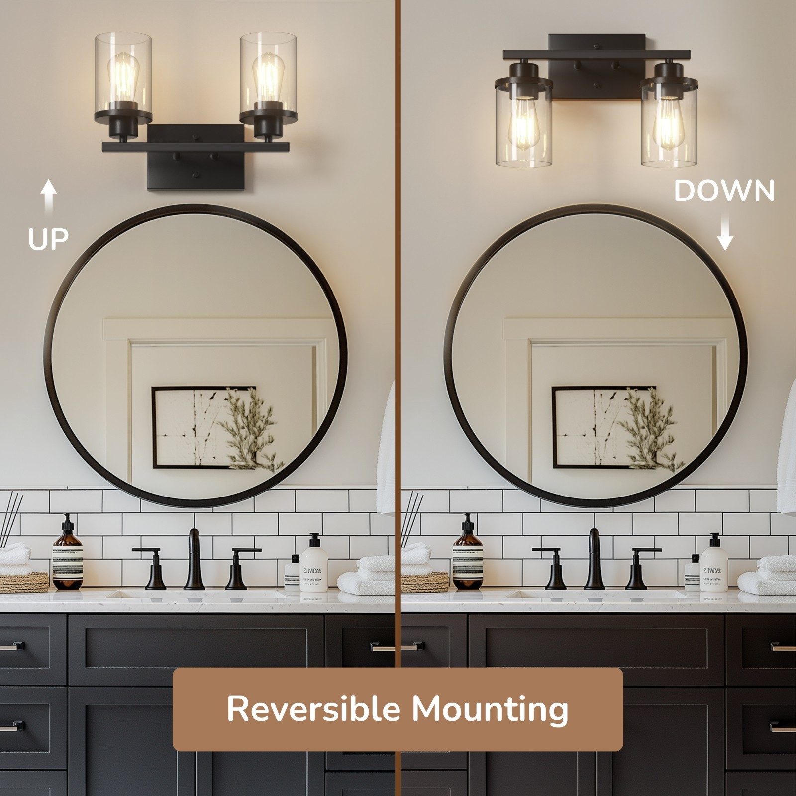 EDISHINE Minimalist 2-Light Sconce,Iron & Glass,Modern Style,Dimmable Compatible