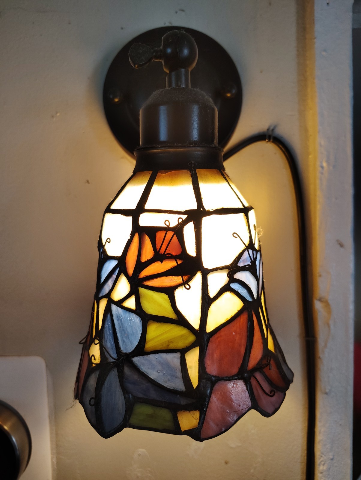 2 set Art Nouveau Stained Glass Wall Sconce, Multicolor Bell Shade, Black Finish