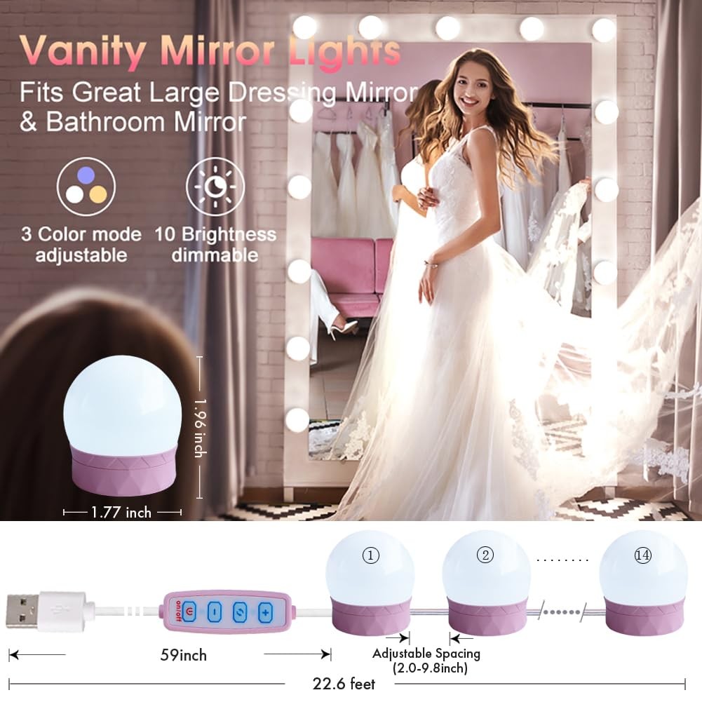 22.6 FT LED Vanity Mirror Makeup Lights 14 Dimmable Light Bulbs