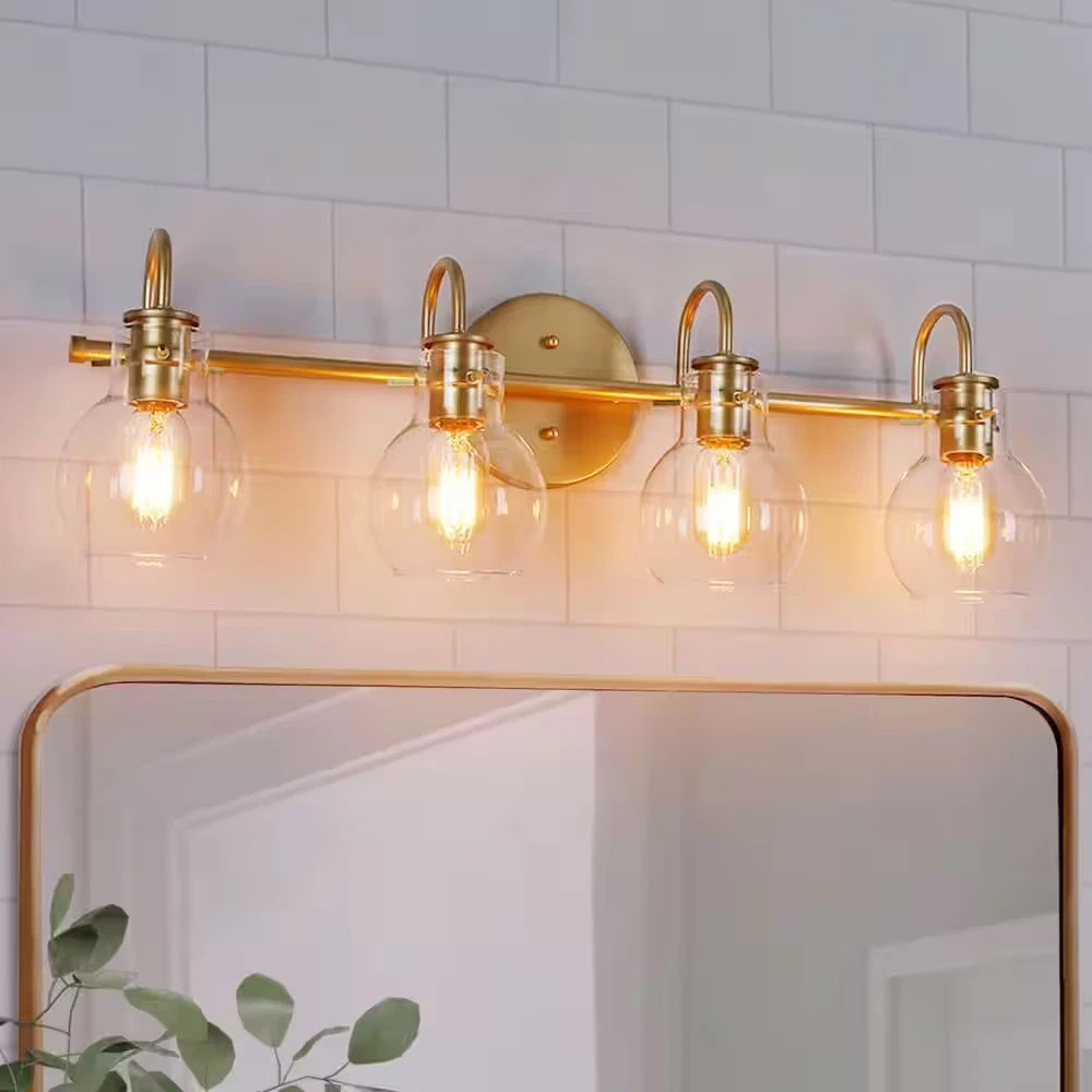 LNC 28.5 in. 4-Light Modern Gold Bathroom Vanity Light with Clear Glass Globes