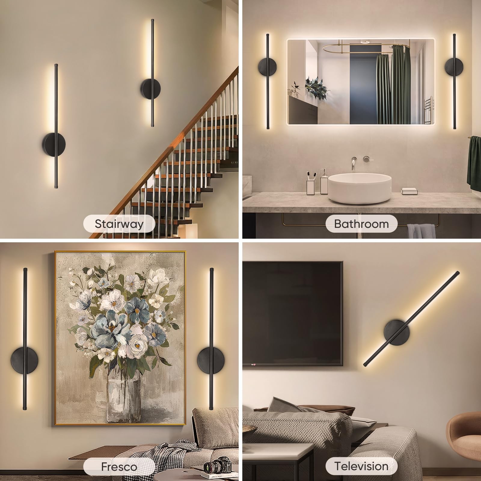Battery Operated Wall Sconces Set of Two, Wireless 24 Inch-2 Pack, Black