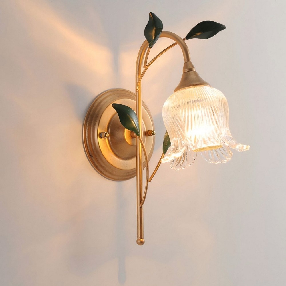 Vintage Floral Wall Sconce Brass Gold Metal Leaf Glass Wall Lamp Bedroom Decor
