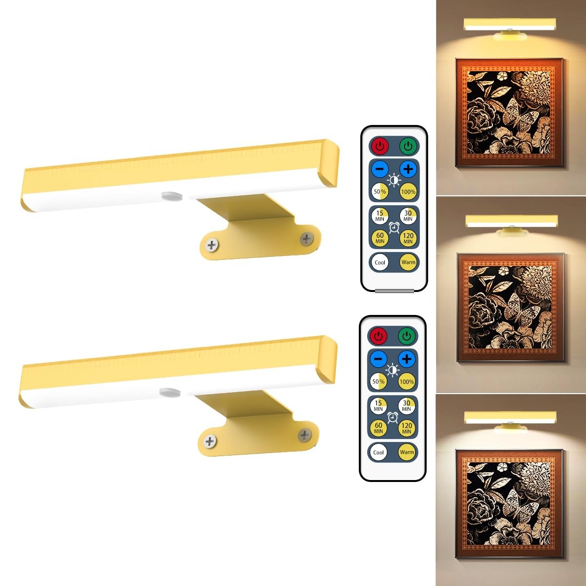 Wireless Picture Light 2Pack Gold Battery Operated Wall Sconces Remote Control