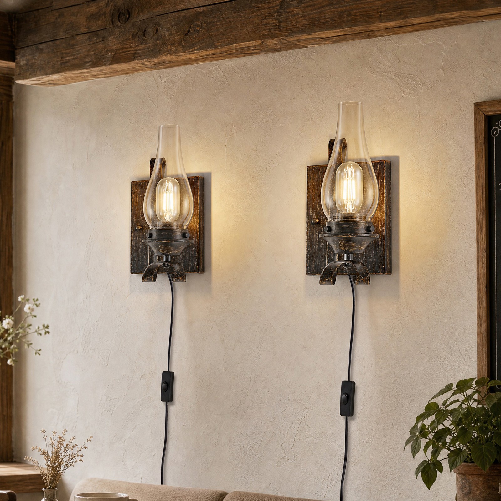 2 Pack 12 in Oil Rubbed Bronze Rustic LED Wall Light Indoor Plug Sconce Fixture