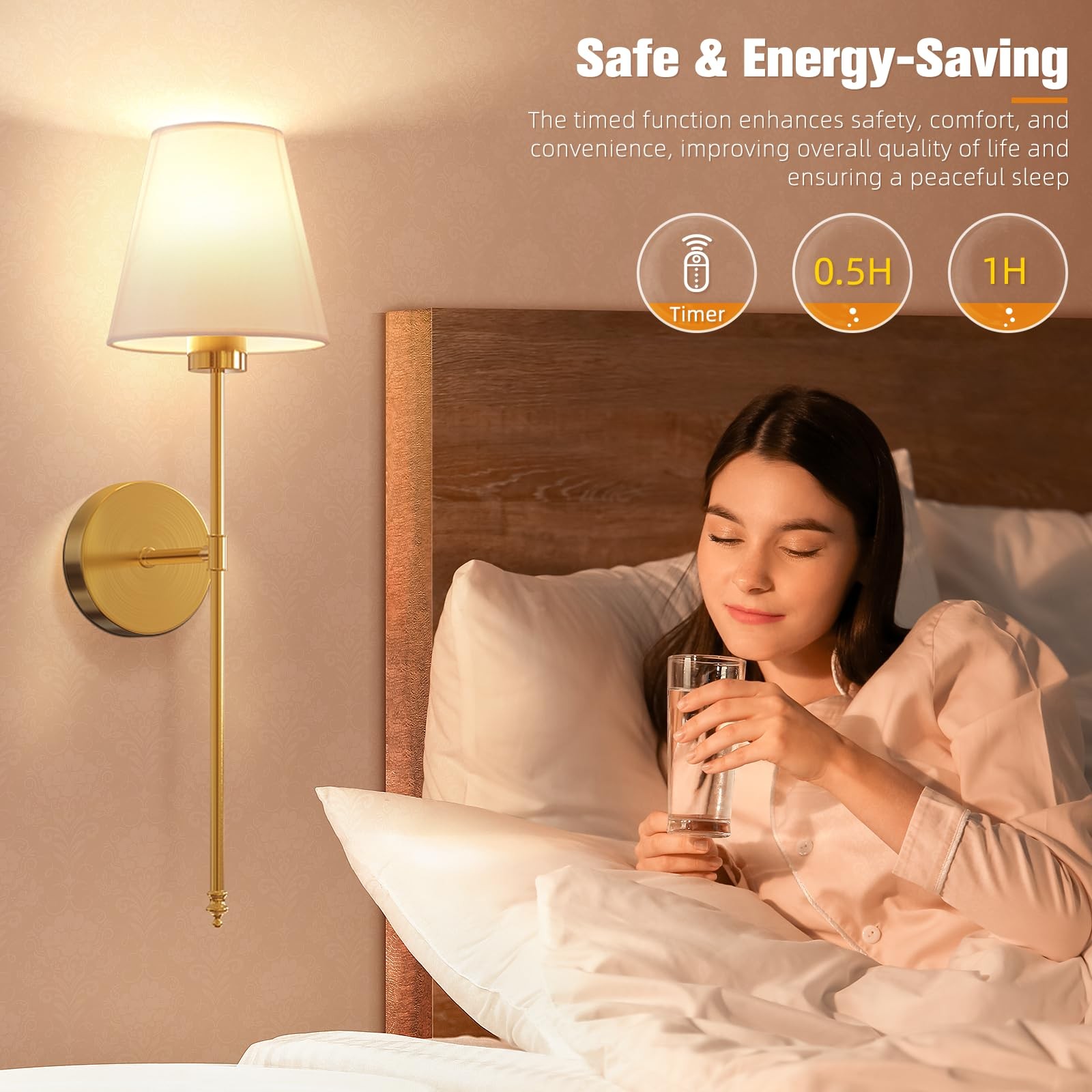 Battery Operated Wall Sconce Set of 2 Gold Rechargeable Lights 10400mAh Remote