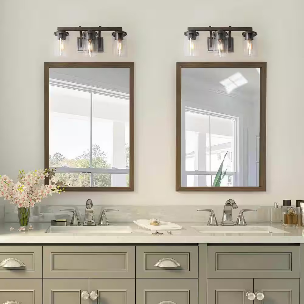 LNC A03409 20in 3-Light Farmhouse Vanity Light Rust Black Faux Wood Clear Glass