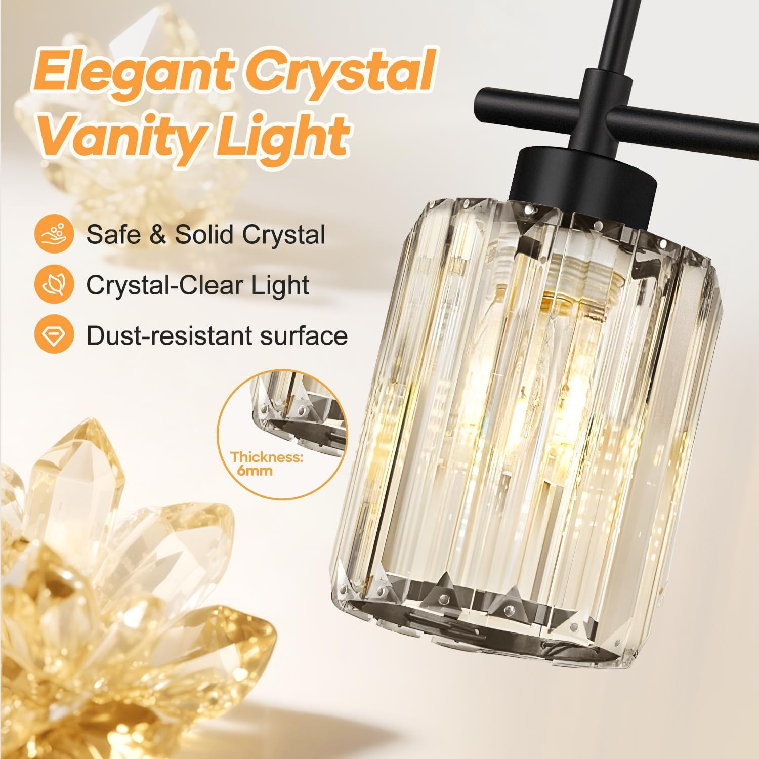 Matte Black 4-Light Crystal Bathroom Vanity Light, Modern Bathroom Light Fixture