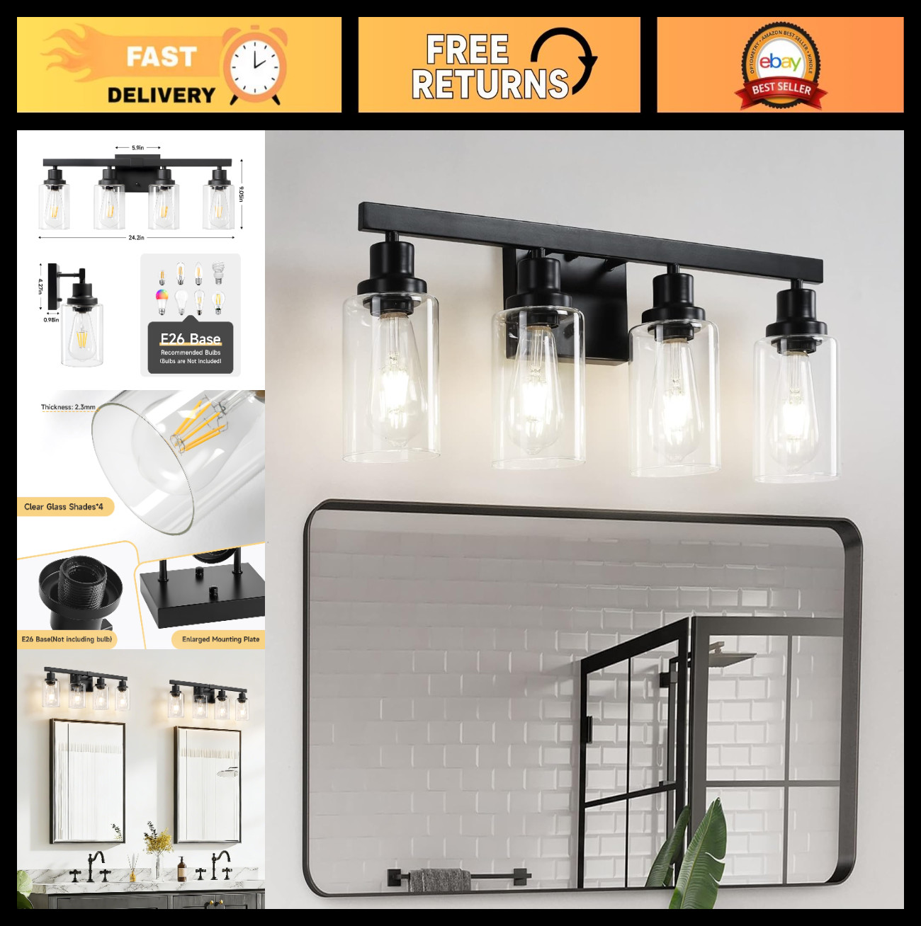 Modern 4-Light Matte Black Bathroom Vanity Light, Clear Glass Shades, Wall Sconc