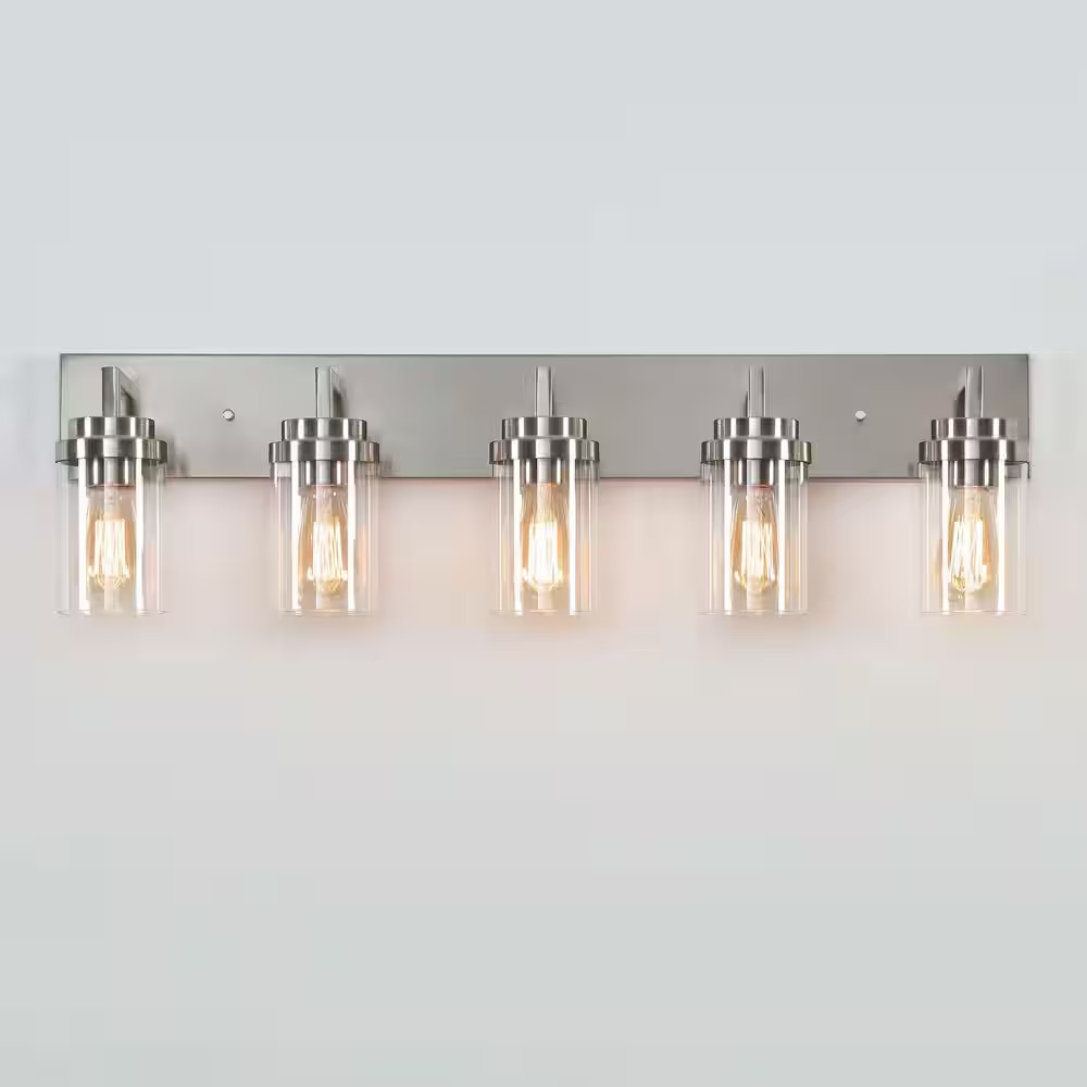 36 In. 5-Light Brushed Nickel Vanity Light with Clear Glass Shade