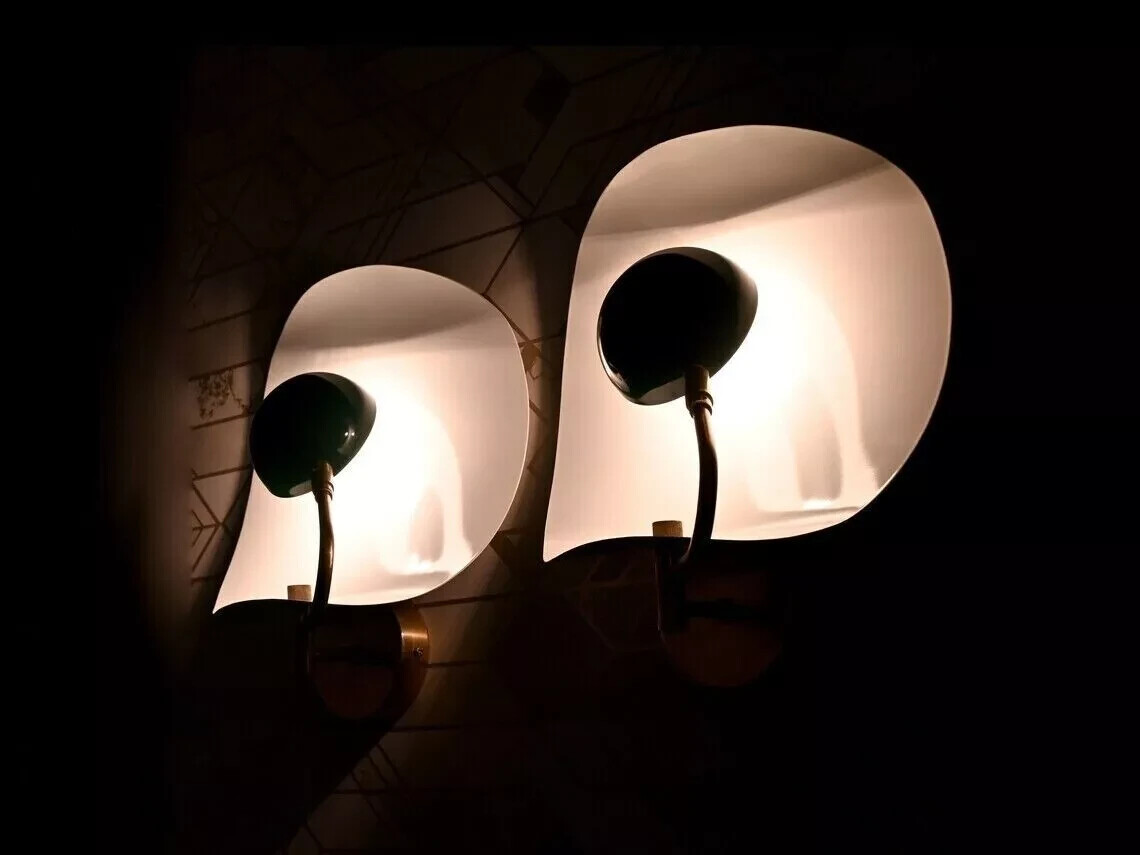 Mid Century Pair Wall White Green Shade Italian Focus Handmade Indirect Light
