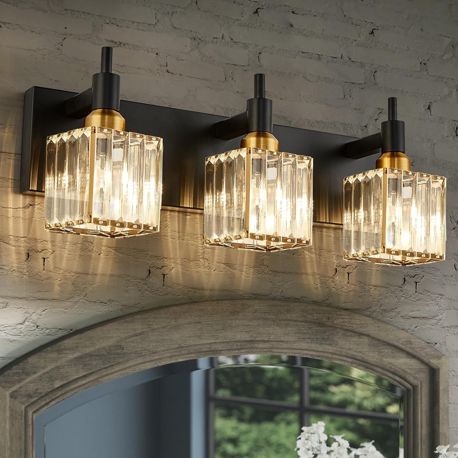 Huoku 3-Light Bathroom Vanity Light Black Gold Square Shade Over Mirror Dimmable