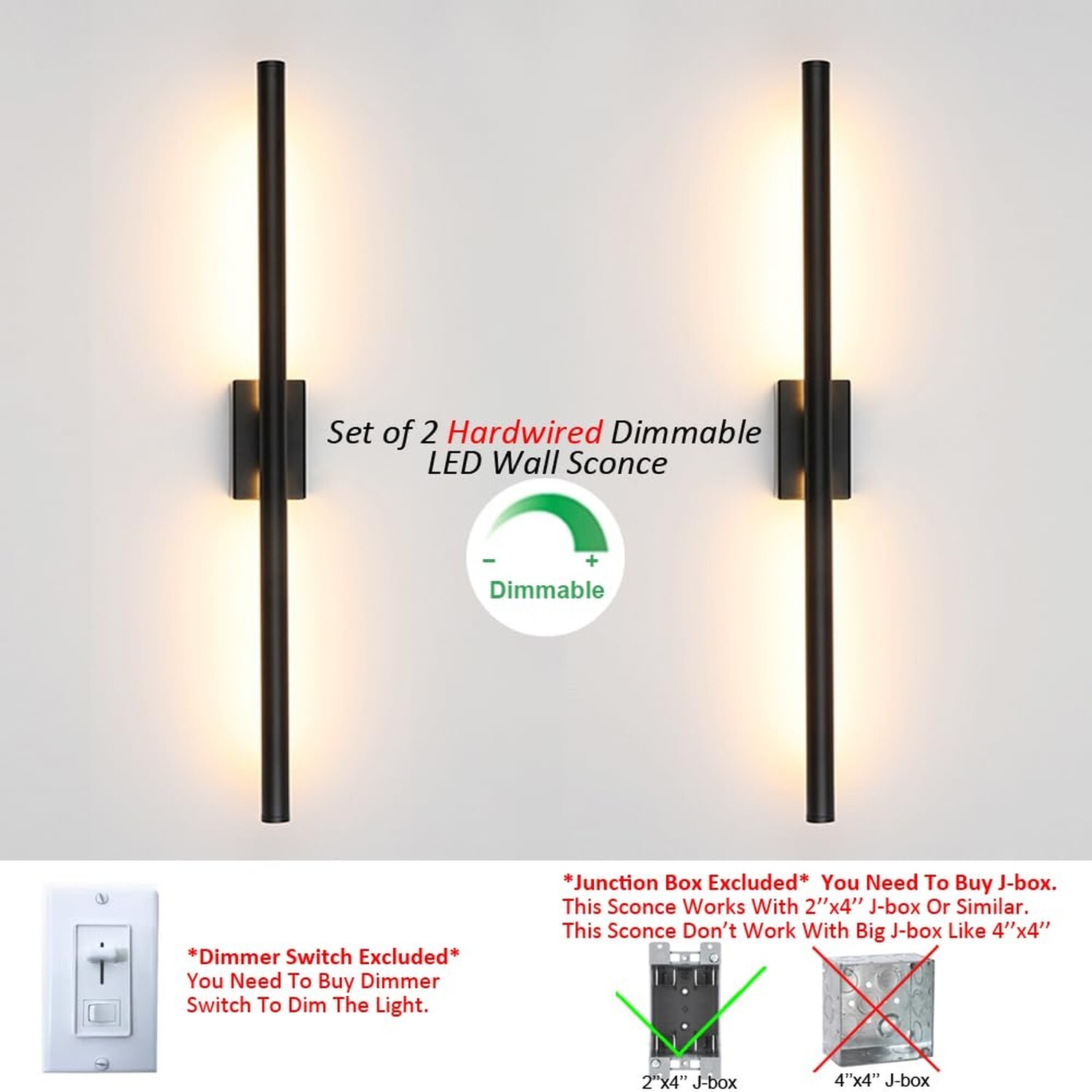 Set of 2 Hardwired Minimalist Dimmable Black Tube Linear Wall Sconce 24 Inch …