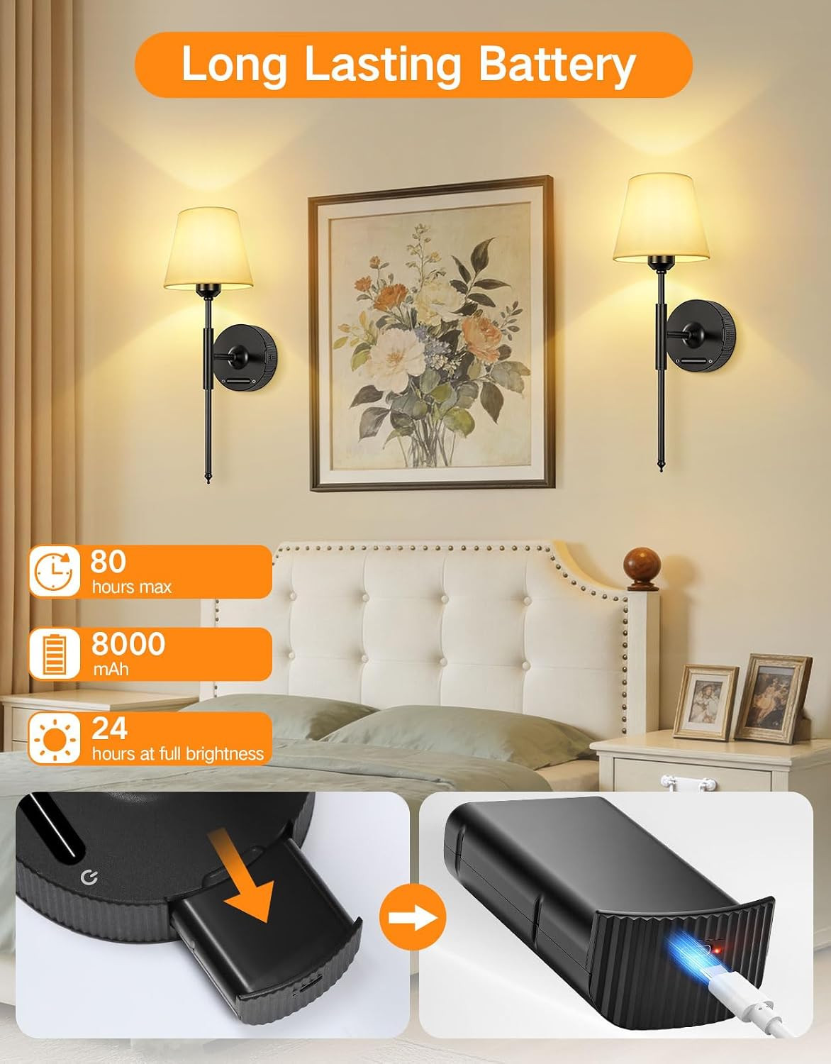 Rechargeable Wall Sconce Set of 2 with Remote, Dimmable & 3 Color Temps