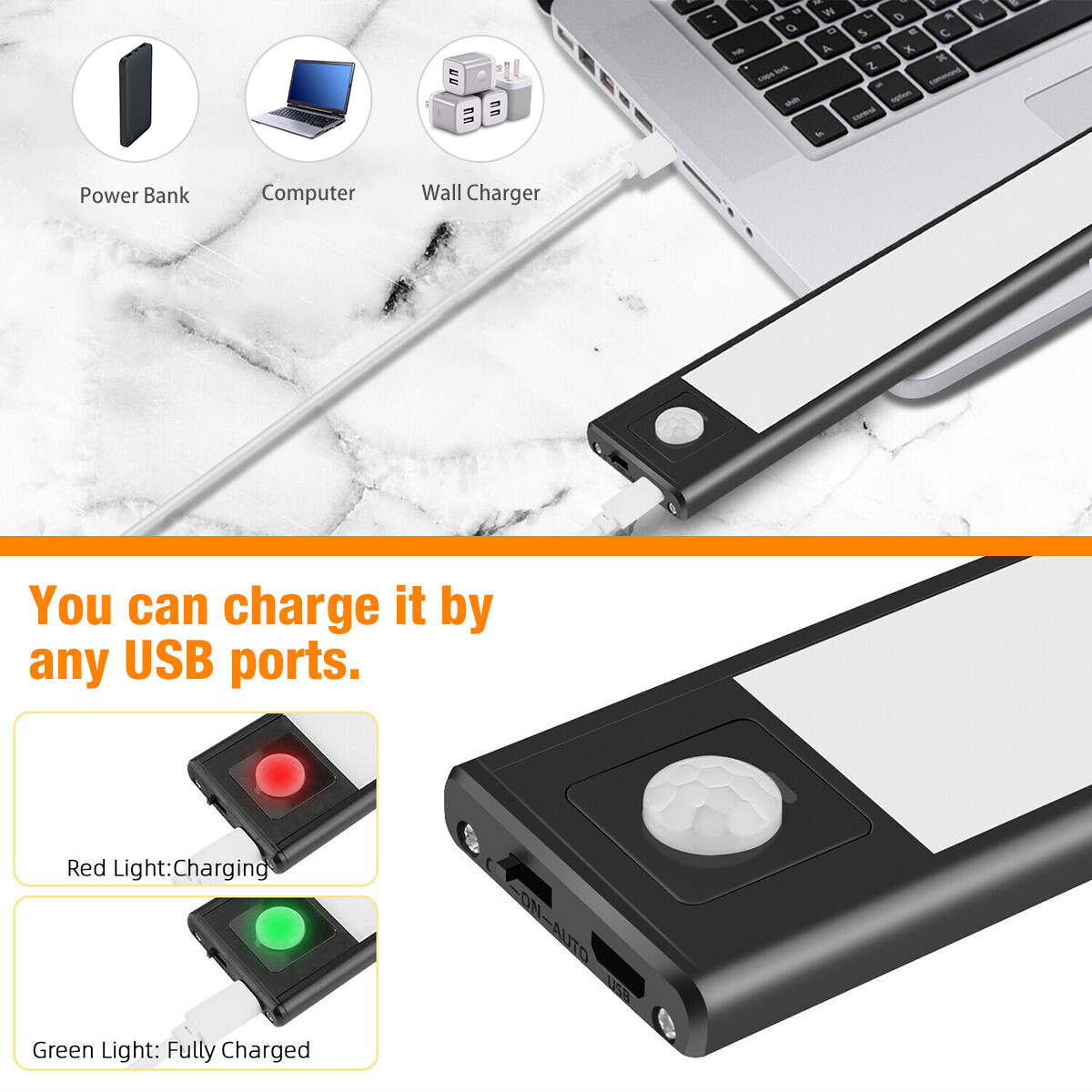 LED Motion Sensor Under Cabinet Closet Light USB Rechargeable Kitchen Lamp Strip