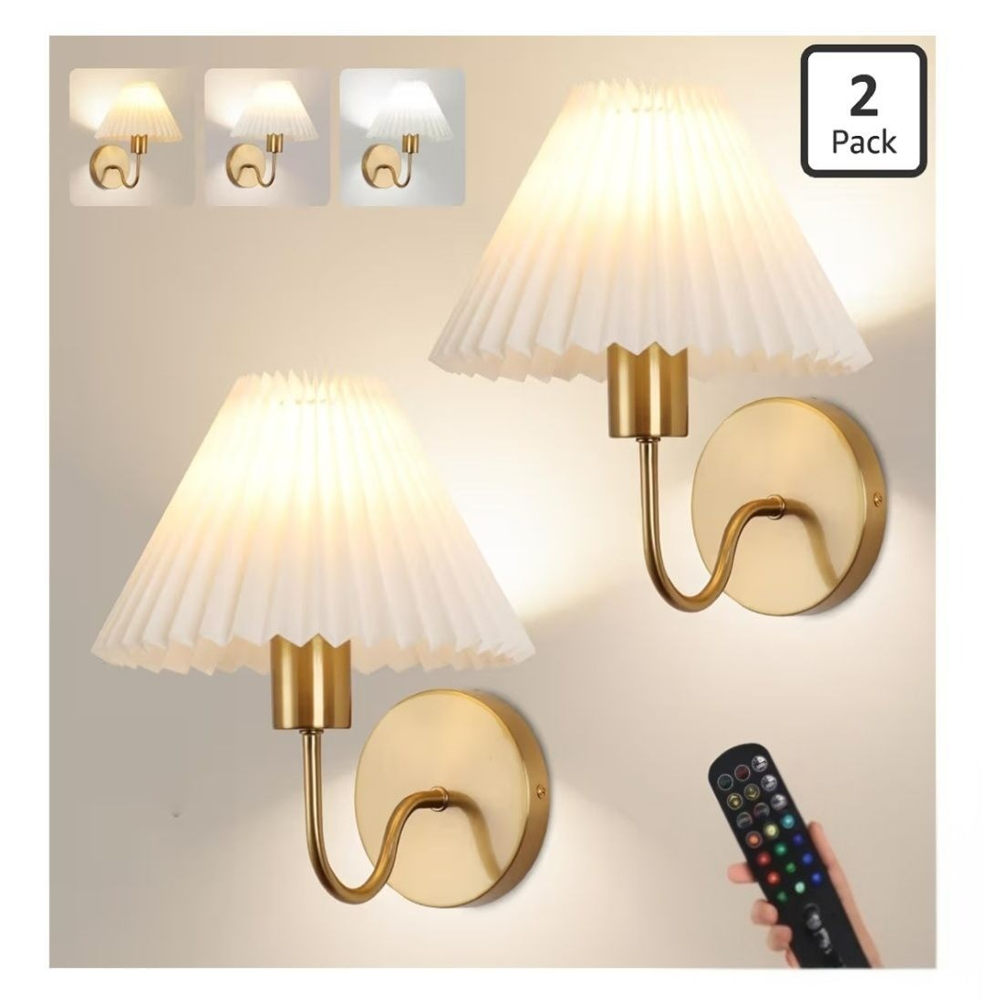 2 Wireless Wall Sconce w/ Pleated Shades & Remote Gold Finish Rechargeable Batt.