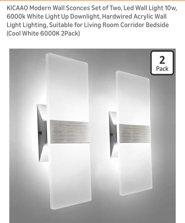 Modern Wall Sconces Set of Two KICAAO Led Wall Light 10w, 2700k Cool White NEW