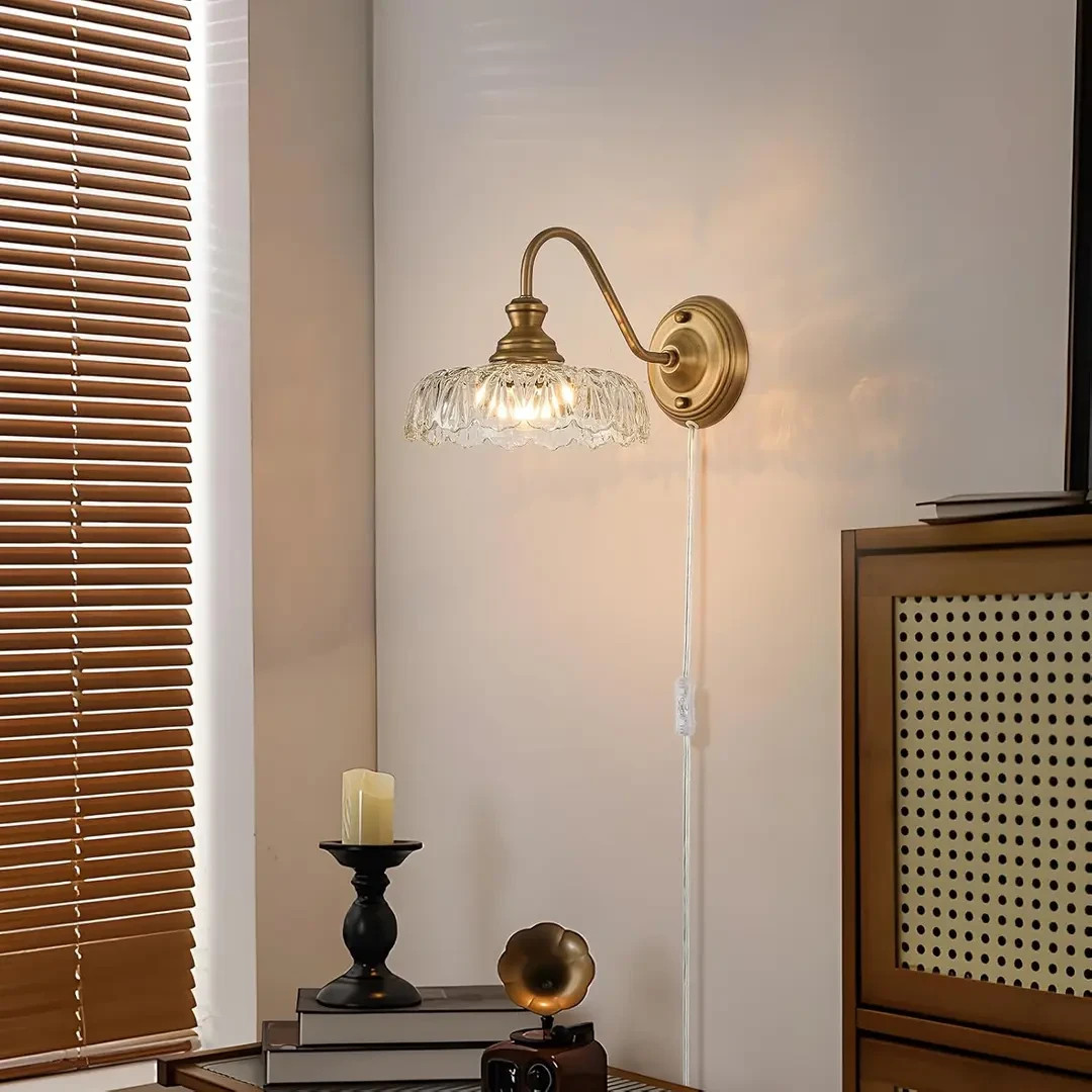 HDDFL Vintage Plug in Wall Scone Bedside Wall Lamp Plug Corded Matte Brass Be…