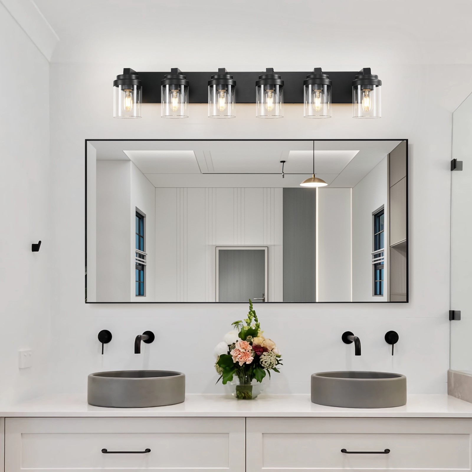LED 38 in 6 Lights Black Vanity Light Clear Glass Shade for Bathroom Mirror Wall
