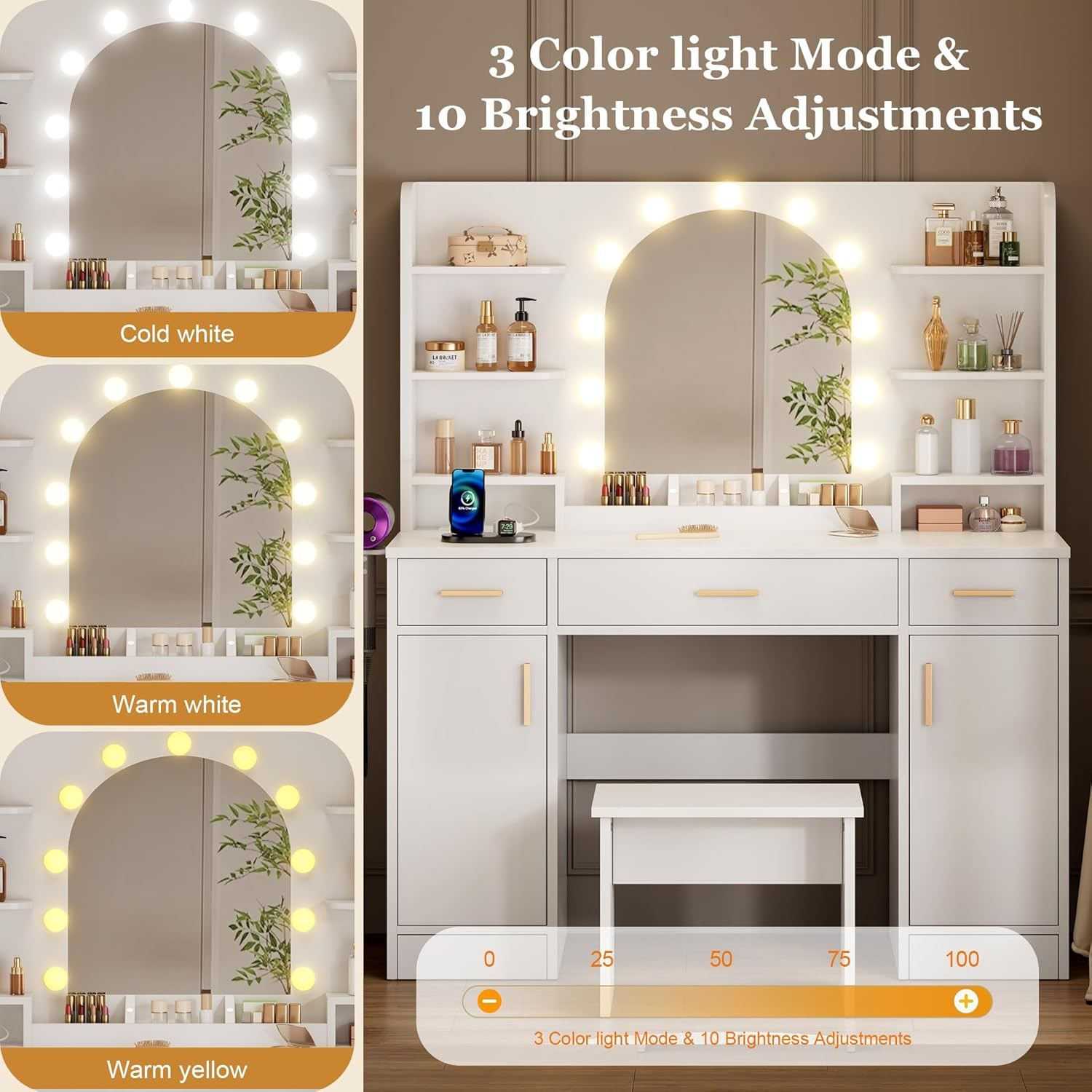 43» White Vanity with 11 LED Lights & Mirrow | Makeup Vanity Table with Power O