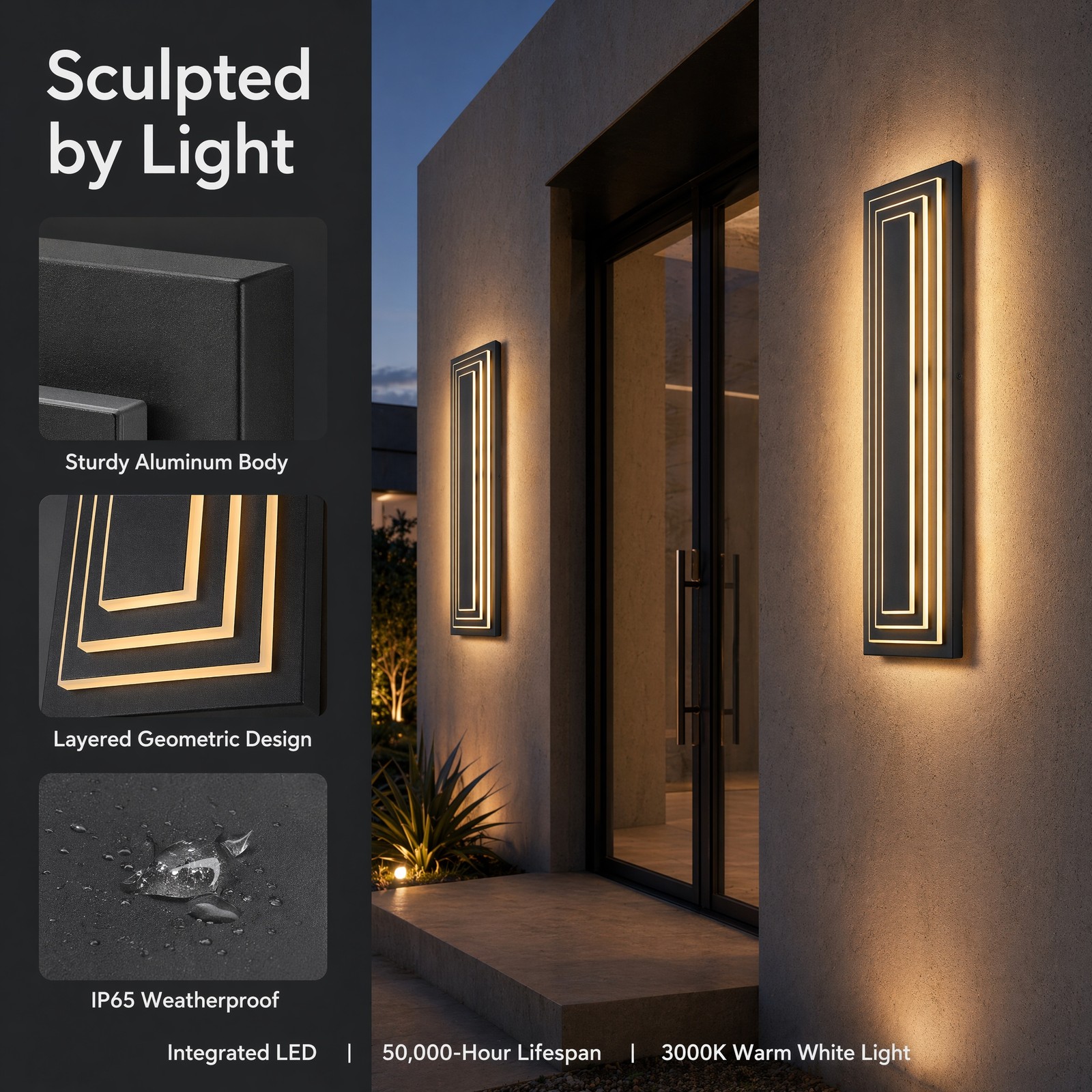 2 Pack 24″ Modern Outdoor LED Wall Light Exterior Sconce Porch 3-Tier Fixture