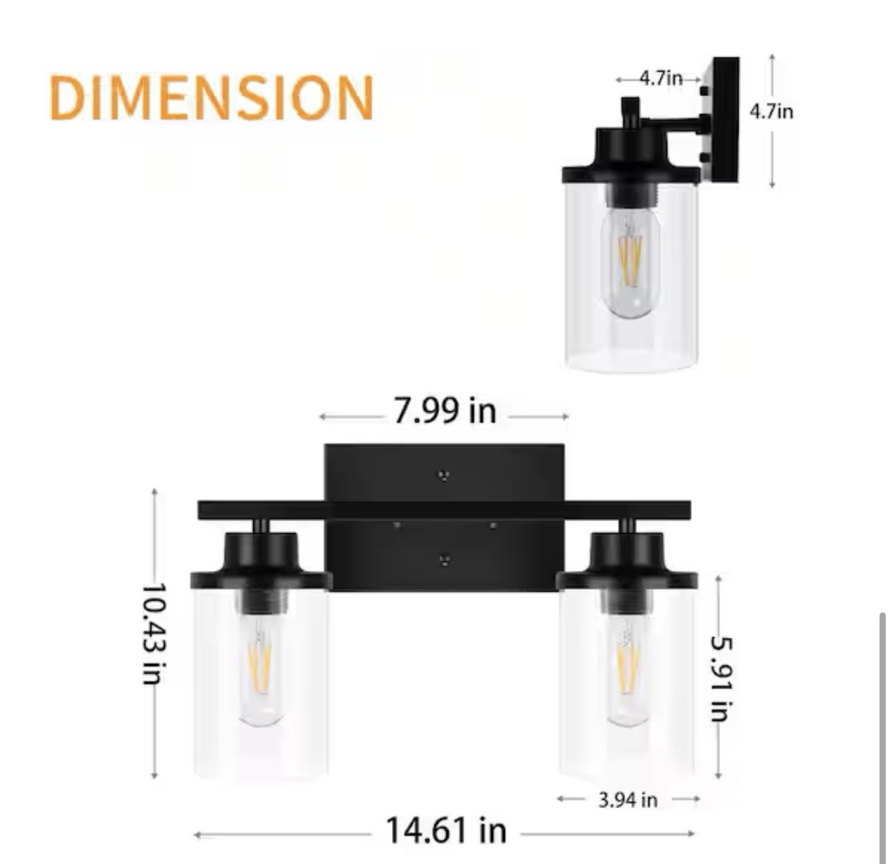 GoYeel Lunvera 14.61 in. 2-Light Black Bathroom Vanity Light Clear Glass Shades