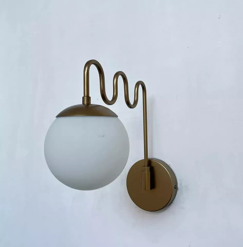 Brass Globe Wall Sconce Curved Armed Modern Raw Brass Wall Light Fixture