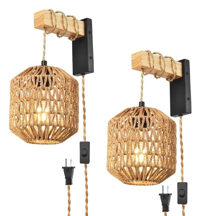 Rattan Plug in Wall Sconces Set of Two, Hand Woven Boho Wall Lamp Plugin