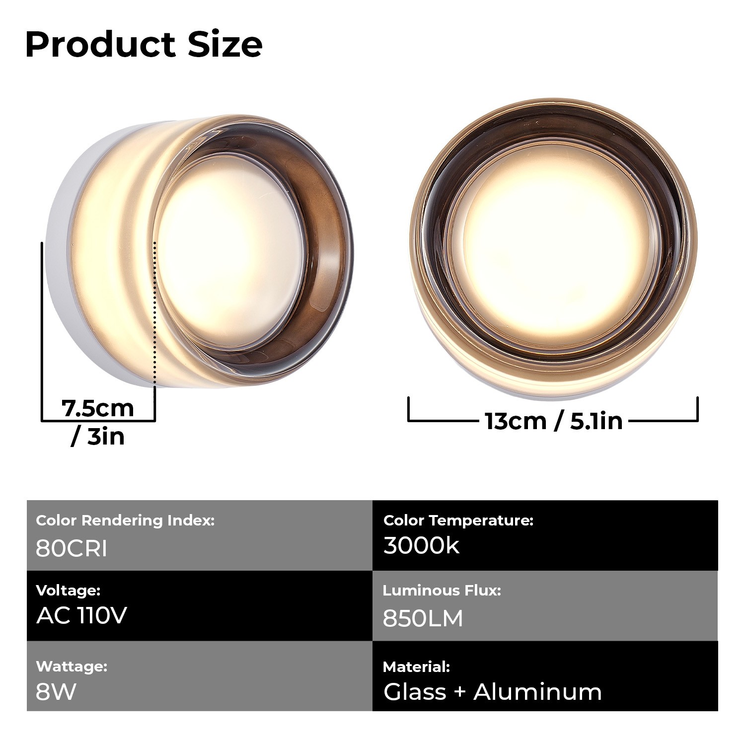 5″ LED Wall Lamp Smoky Gray Thick Glass Ceiling Light Bedroom Sconce Fixture 8W